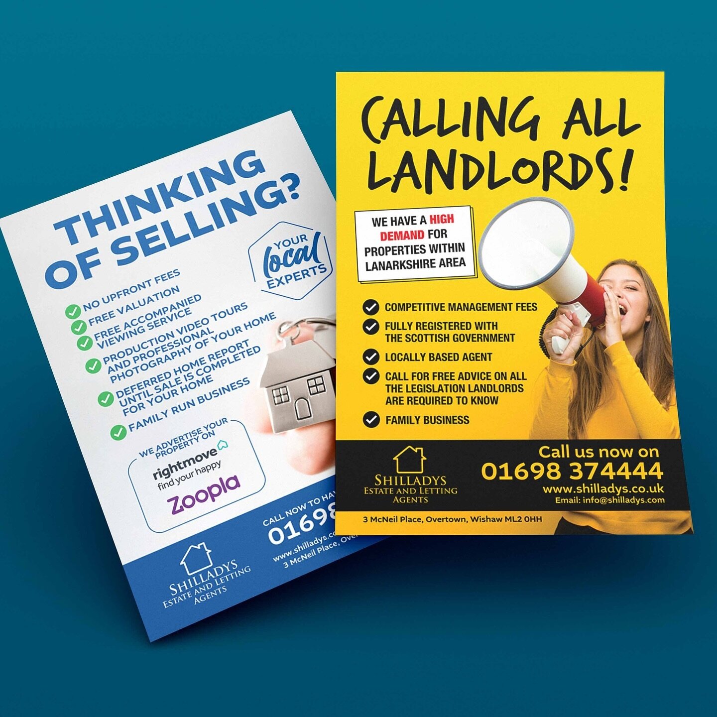 🏠 New flyer design for Shilladays.co.uk in Wishaw, UK.

We created these designs to catch the eye of both landlords and those interested selling their home. 

We also managed the print run and distribution of thousands of leaflets to homes in client