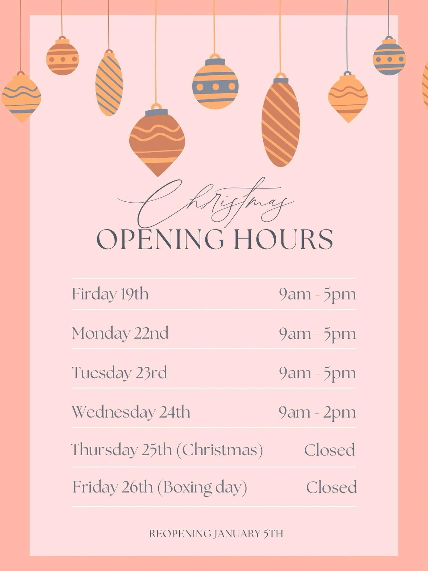 As we get ready for the holidays, we want to remind you of our end-of-year opening hours. 
Our team will be working very hard until 2pm on Christmas Eve, and then we&rsquo;ll take a break until January 5th so we can start the new year with fresh ener