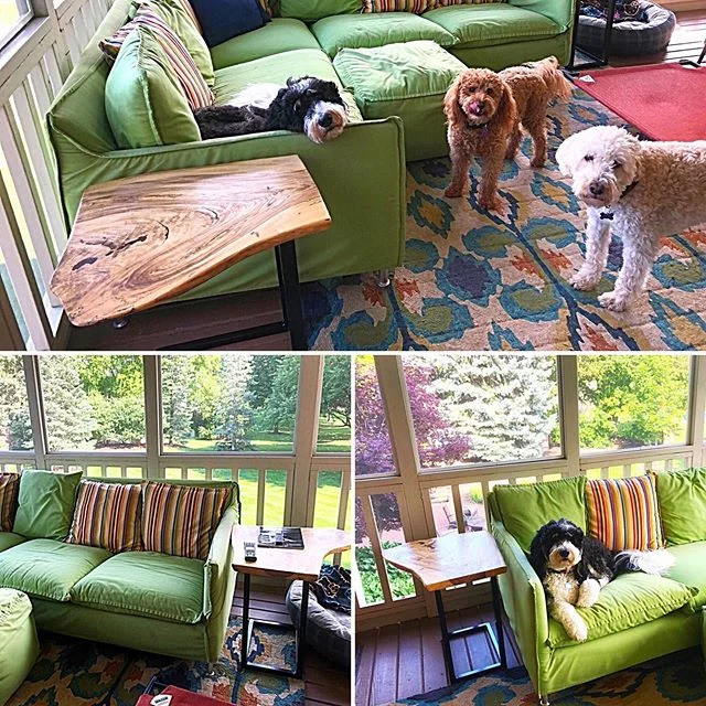 Built these Hackberry end tables for a customers sunroom.  Love the dogs!