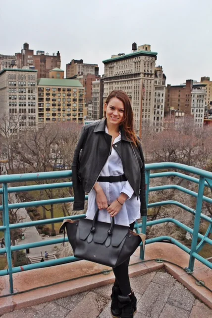 Using the jumpsuit as a foundation, I added an oversized white shirt dress. I also got this on sale at Urban Outfitters , they have a few styles you can select from. I belted the dress to show the waist that I am working so hard to keep with a Helmut Lang black belt. I added my trusty J Brand leather jacket and Isabel Marant sneakers for a little more edge. My Celine bag (that traveled all the way from Singapore to NY when I first purchased it) was the cherry on top of this killer look.