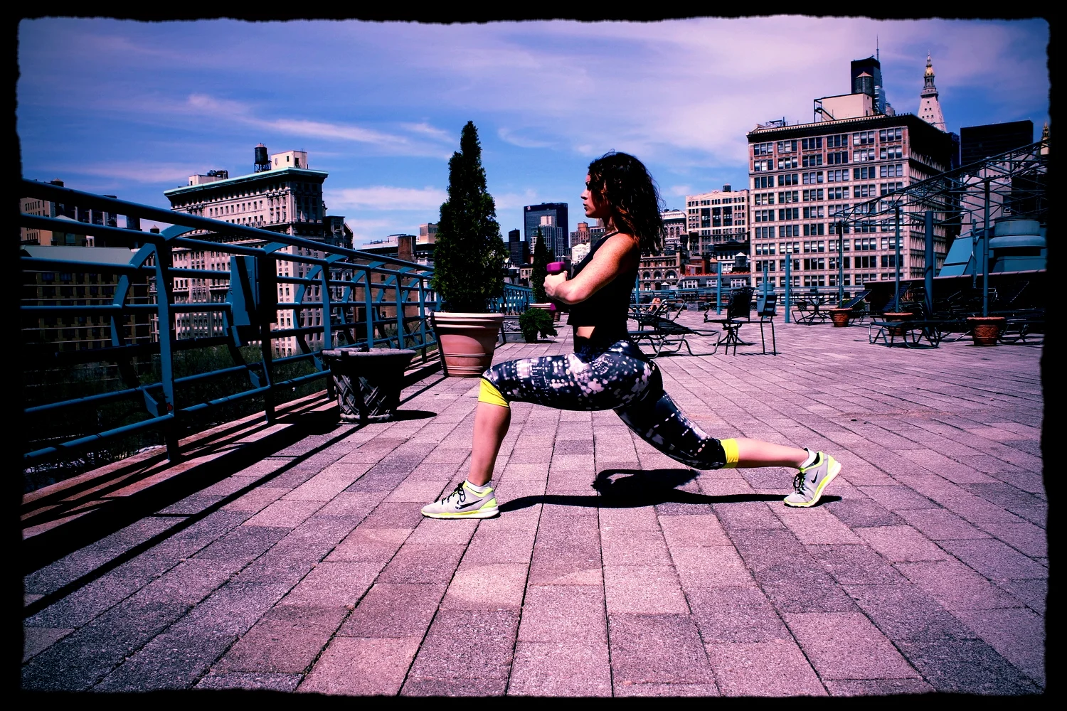 The is a bit of an artistic angle and it is mid movement so I am going to reiterate that you should make sure that the front knee tracks over the ankle and you are lifting the back leg's hamstring towards the sky when lengthening (for the bend and lengthening movement). The back knee should work towards becoming parallel to the ground or as close to the ground as possible pending how healthy your knees are when bending it. Shoulders should also be over the hips so bring your trunk back a bit if you need to. Remember, belly button to the spine.