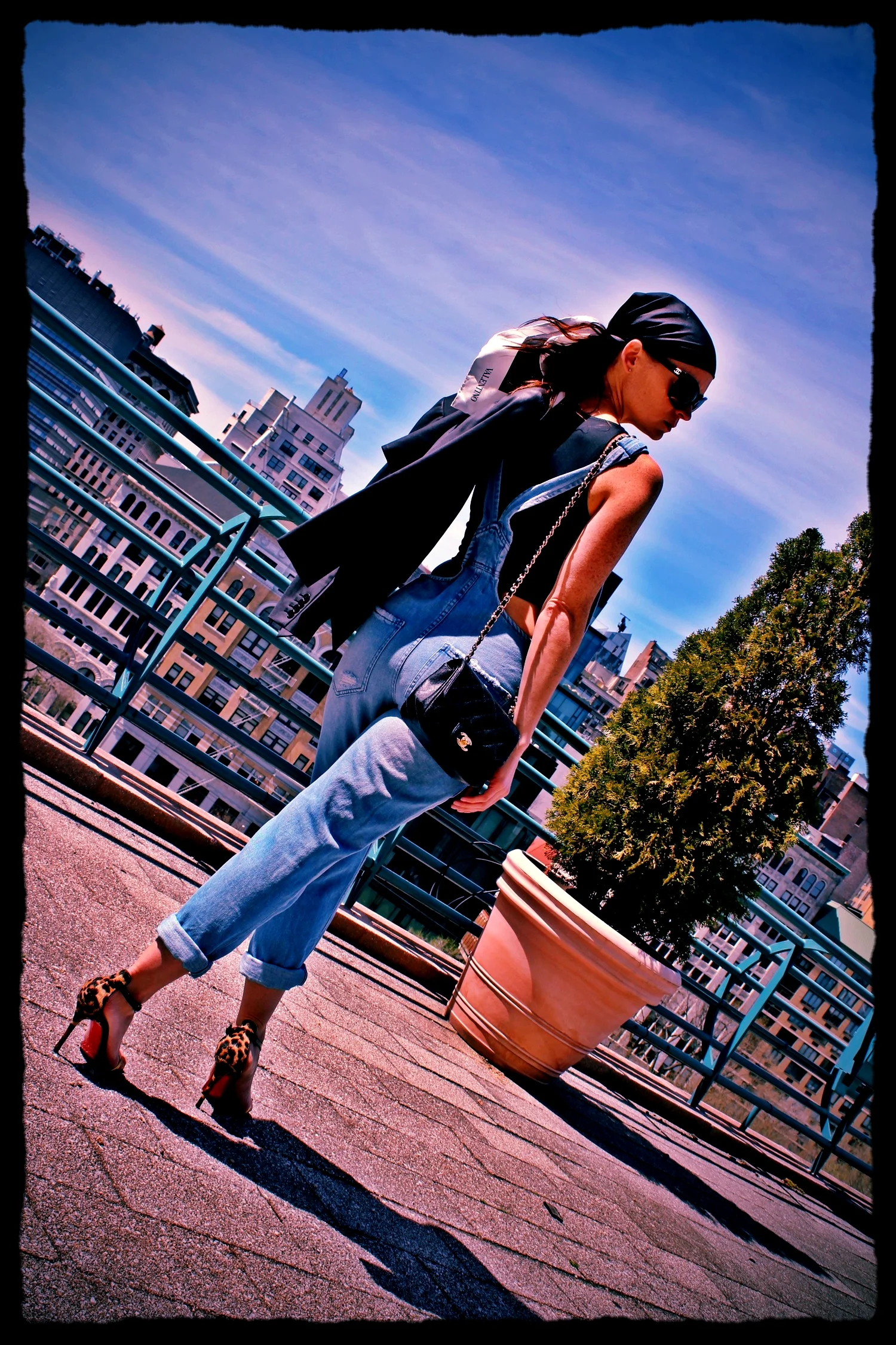 Shoes: Christian Louboutin 2014, Overalls Zara , Blazer Helmut Lang like 5 years ago but he makes similar editions every year, check out this tuxedo blazer , scarf is Valentino and purse is Chanel.