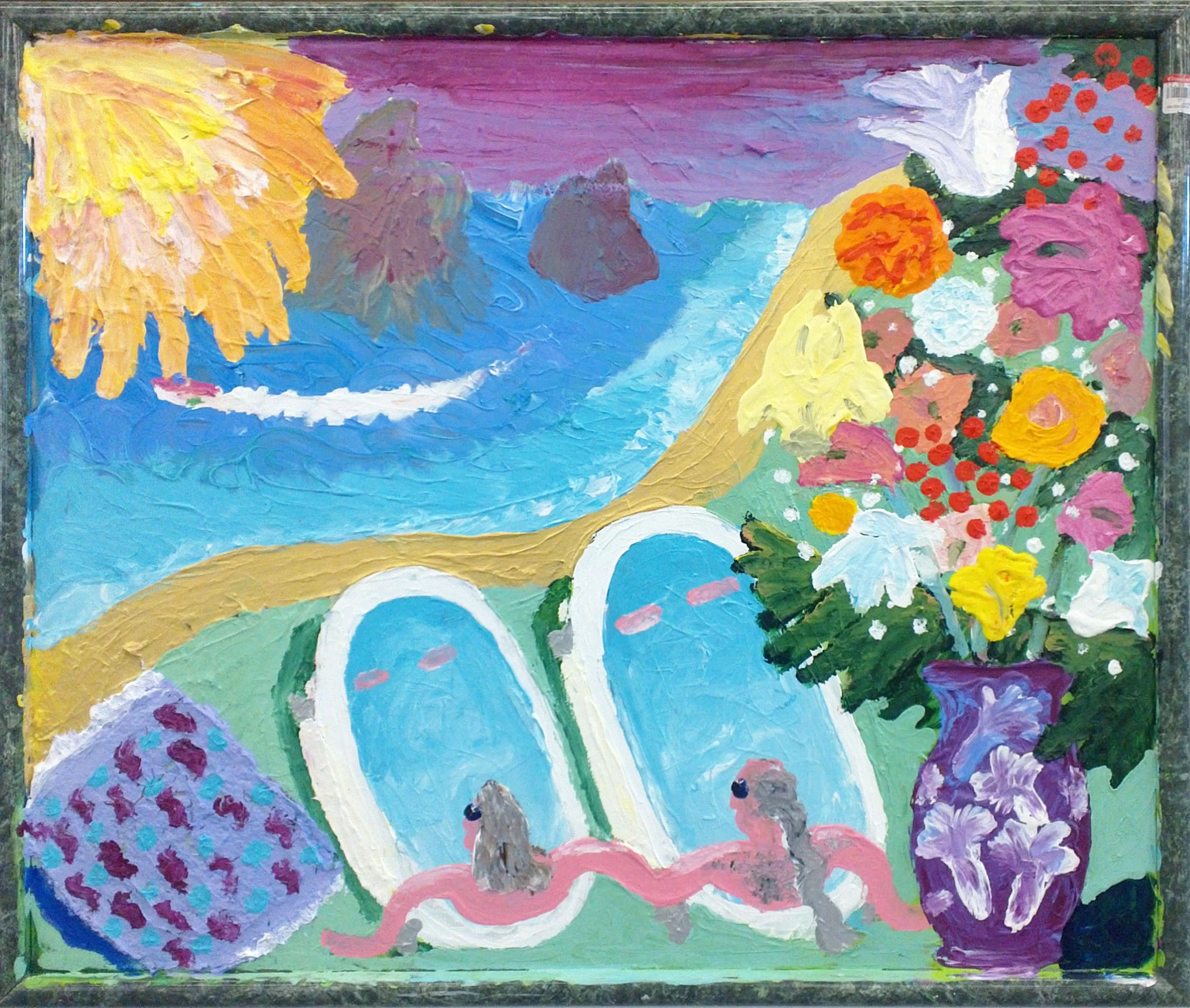 finger painting with flowers, cialis, and speedboat