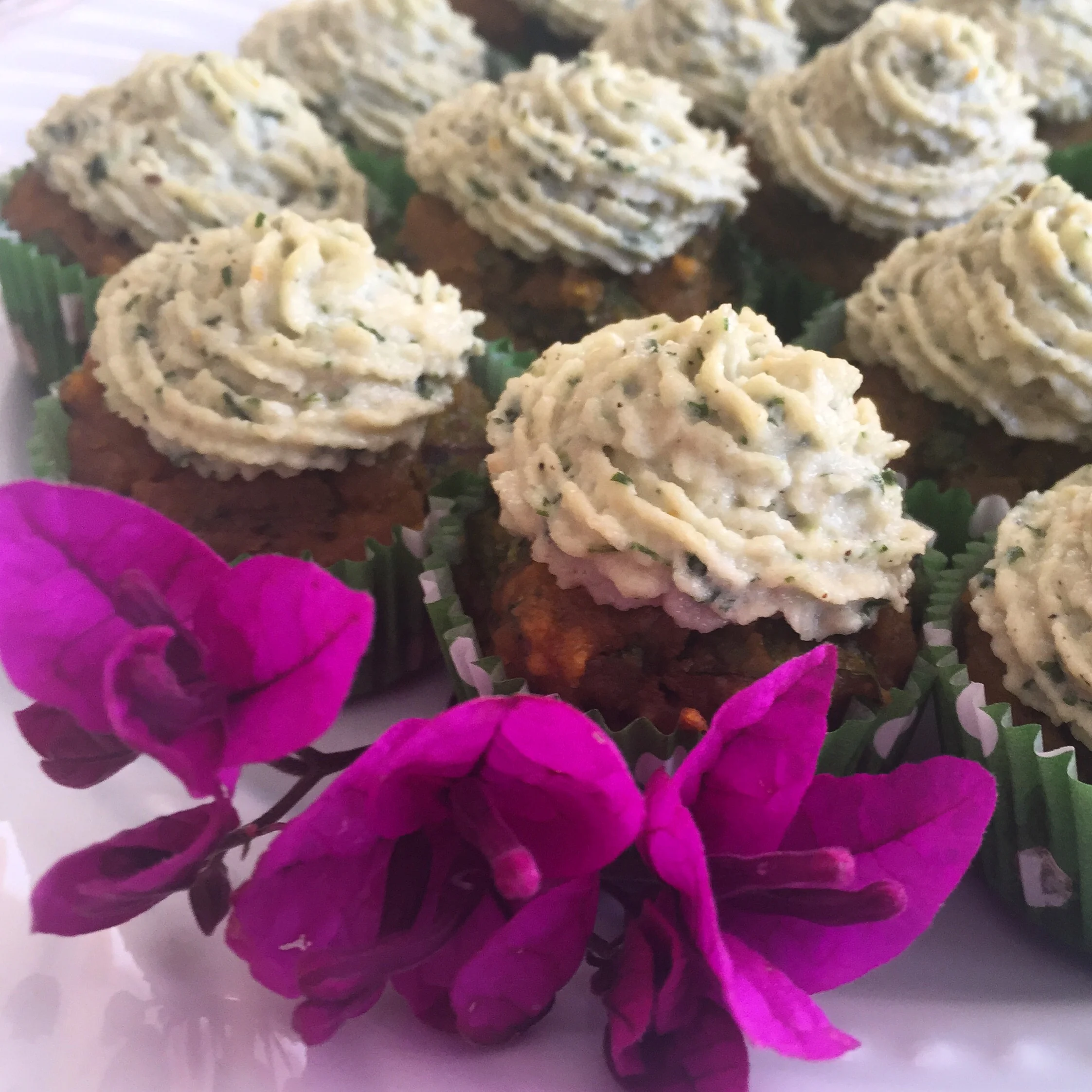 Spinach and chickpea cakes topped with lemon/cilantro cashew cream 