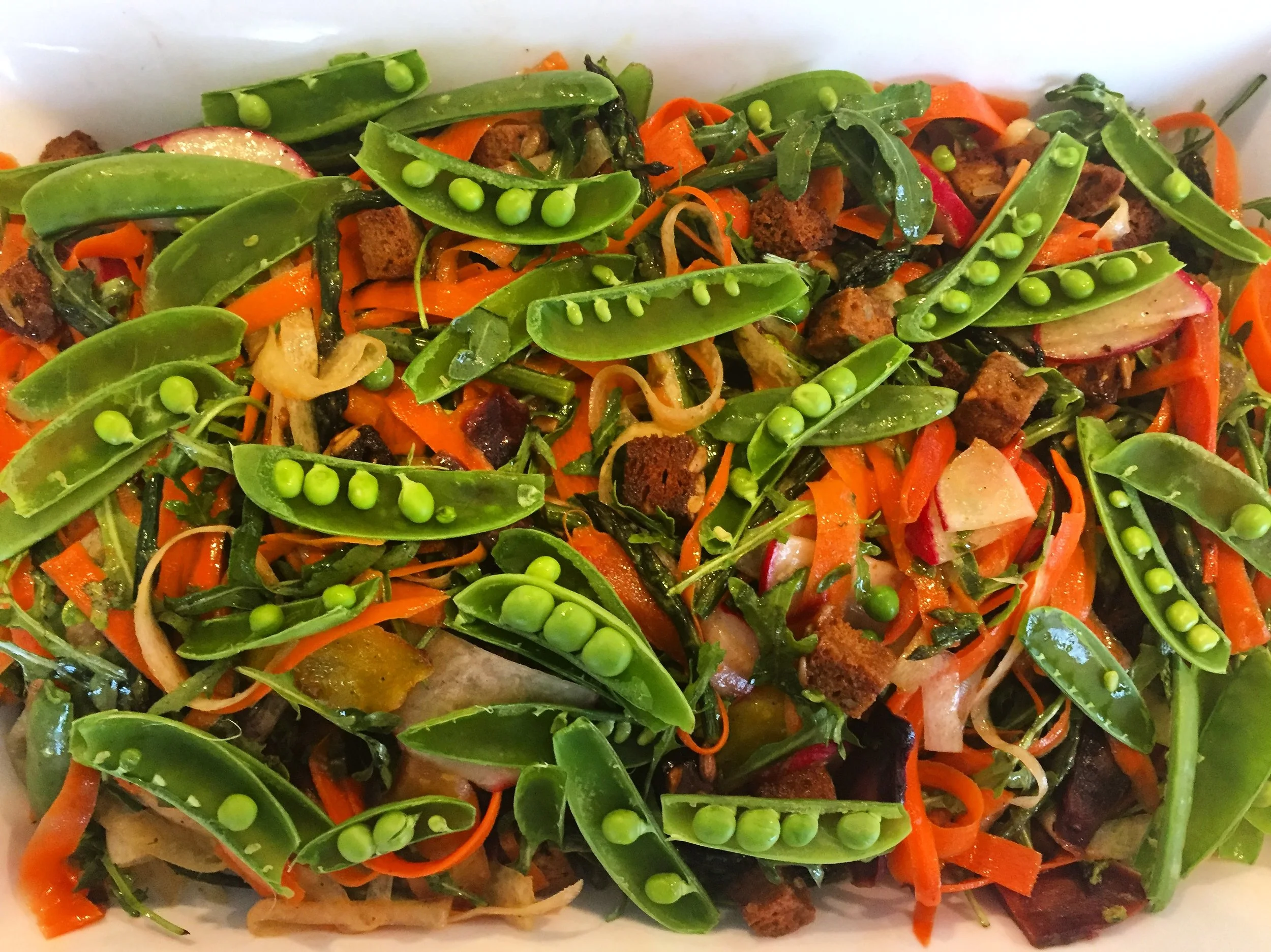 Spring pea and carrot salad with radish, roasted asparagus and meyer lemon confit.
