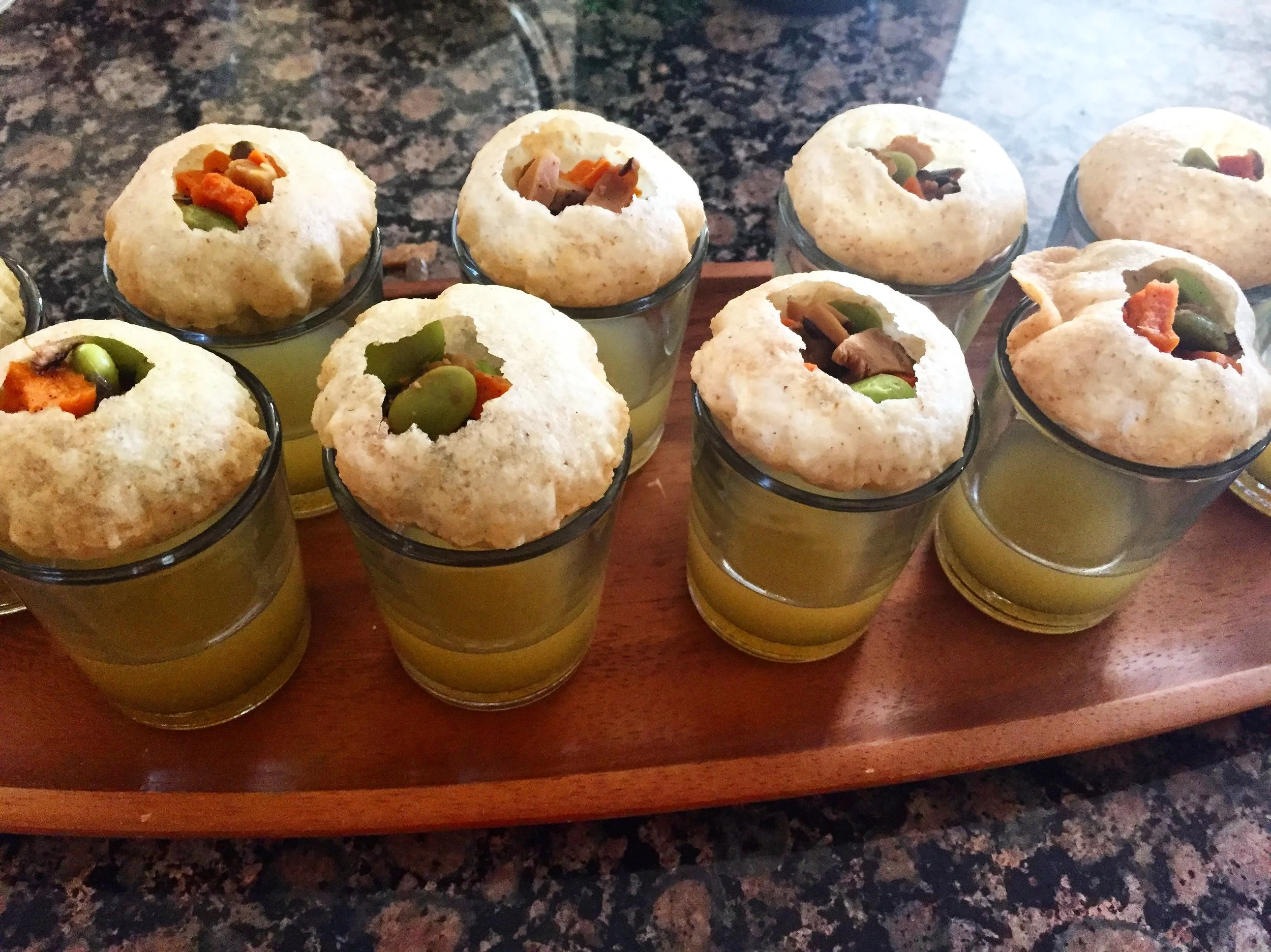 Pani puri shots! Chef Kumar put a creative twist on this by combining Indian and Japanese flavors. Each puri was filled with edamame, shiitake mushrooms and sweet potatoes, which is enjoyed with a shot of green mango juice, ponzu, yuzu, ginger, rice wine vinegar and masala.