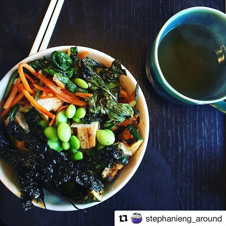 A delicious Buddha Bowl full of leafy greens, squash, carrots, tofu, edamame and nori over a bed of quinoa. One of the many beautiful recipes that Stephanie and James made into their own!