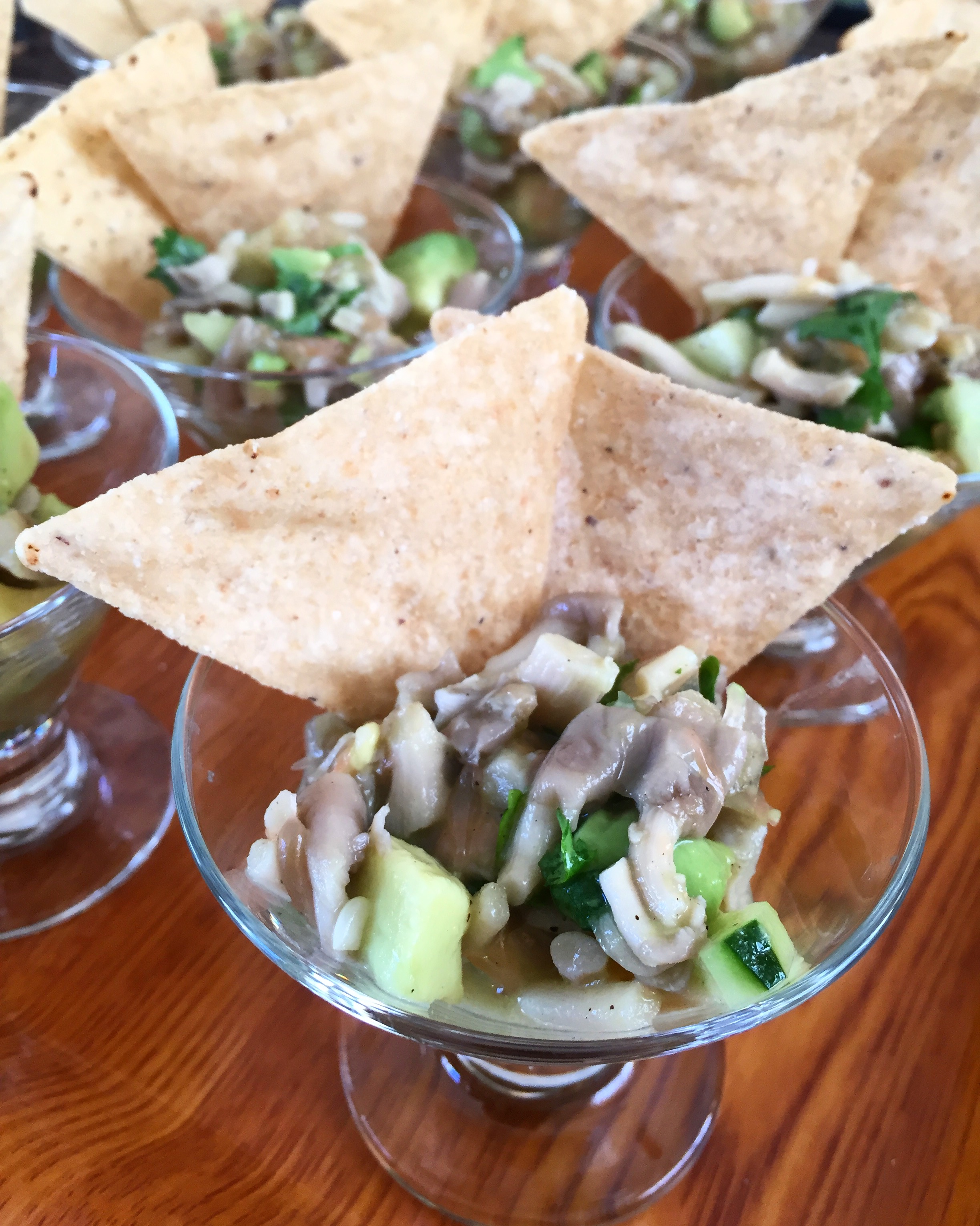 Oyster Mushroom Ceviche: A play on classic seafood ceviche with oyster mushrooms, cucumber, avocado, and pink grapefruit.