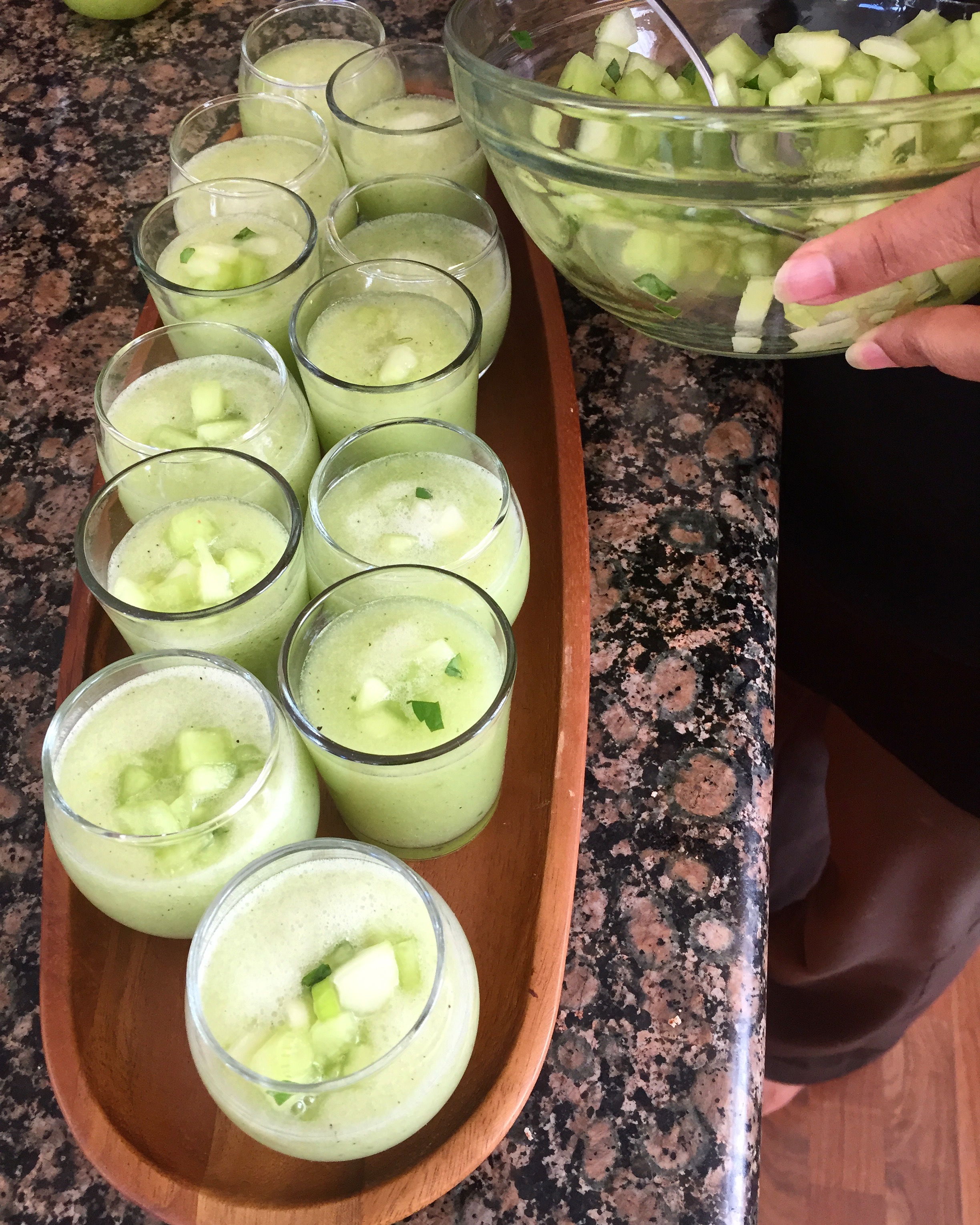 Honeydew Melon Gazpacho Shooters: A cool and refreshing riff on the Spanish staple with honeydew melon, cucumber, mint and a scallion relish.