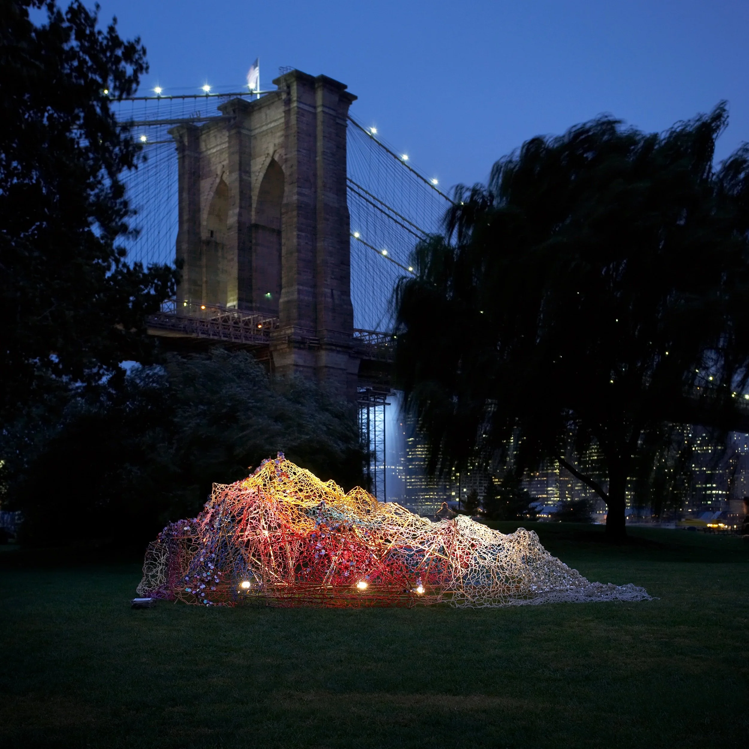  Installation View, Beads, brass wire, sequins and bamboo  98 × 335 × 138 inches 