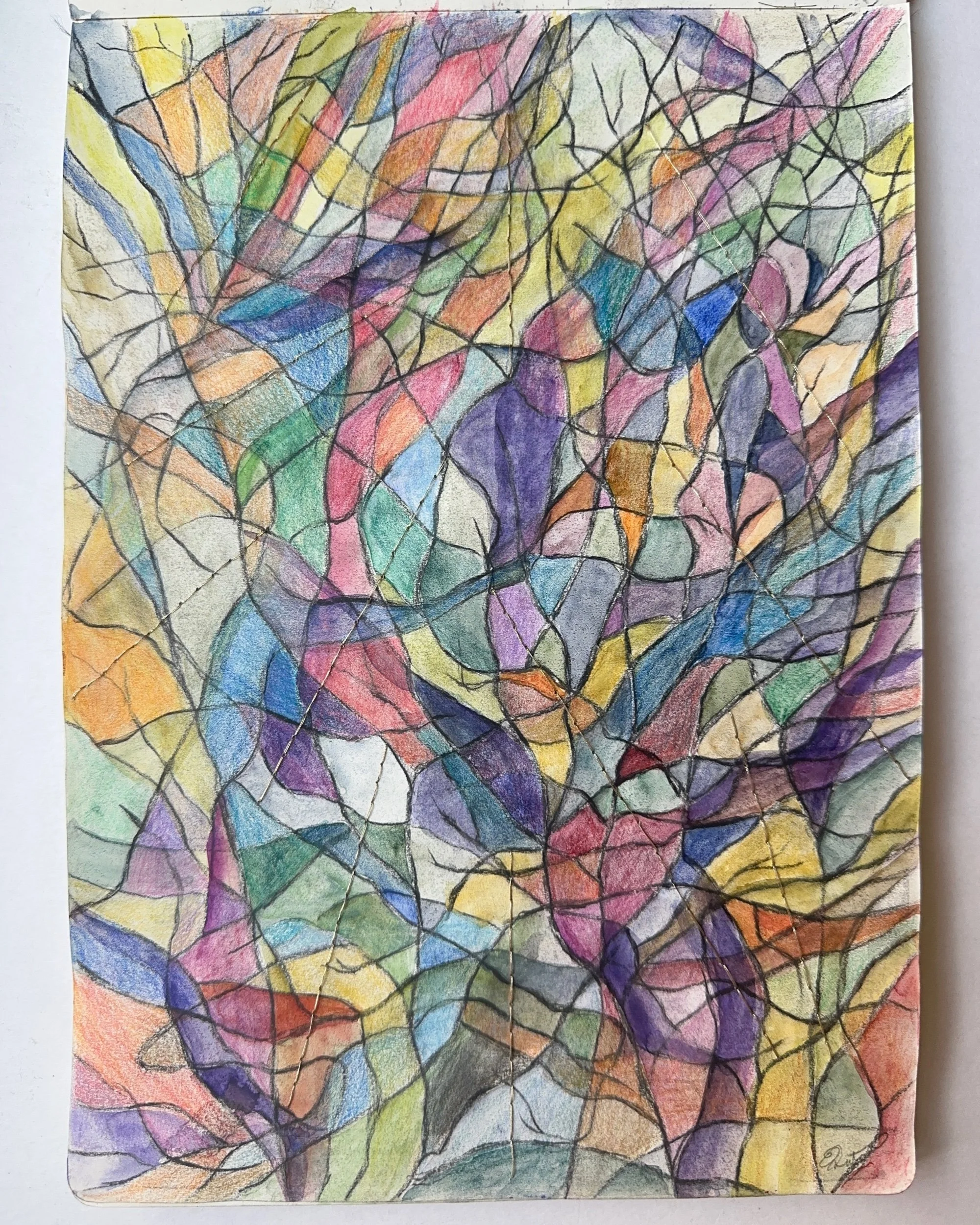 View from Harriman, New York, 04.08.2023  Japanese pigment watercolor, colored pencil, charcoal pencil, thread on paper  11.7 x 8.3 inches