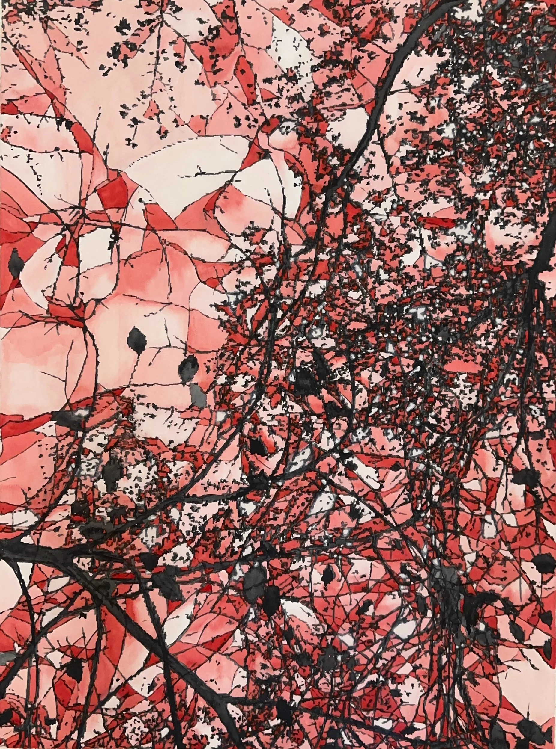 Branches-Path to the Sun  View from 5th Avenue, New York, where I was, Autumn - October 30, 2023  Sumi-ink, vermilion-ink, mica, gofun, nikawa on paper    30 x 22 inches/ 76 x 56 cm