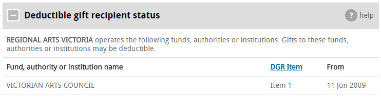 Regional Arts Victoria's DGR status listing on the business register indicating it's endorsed