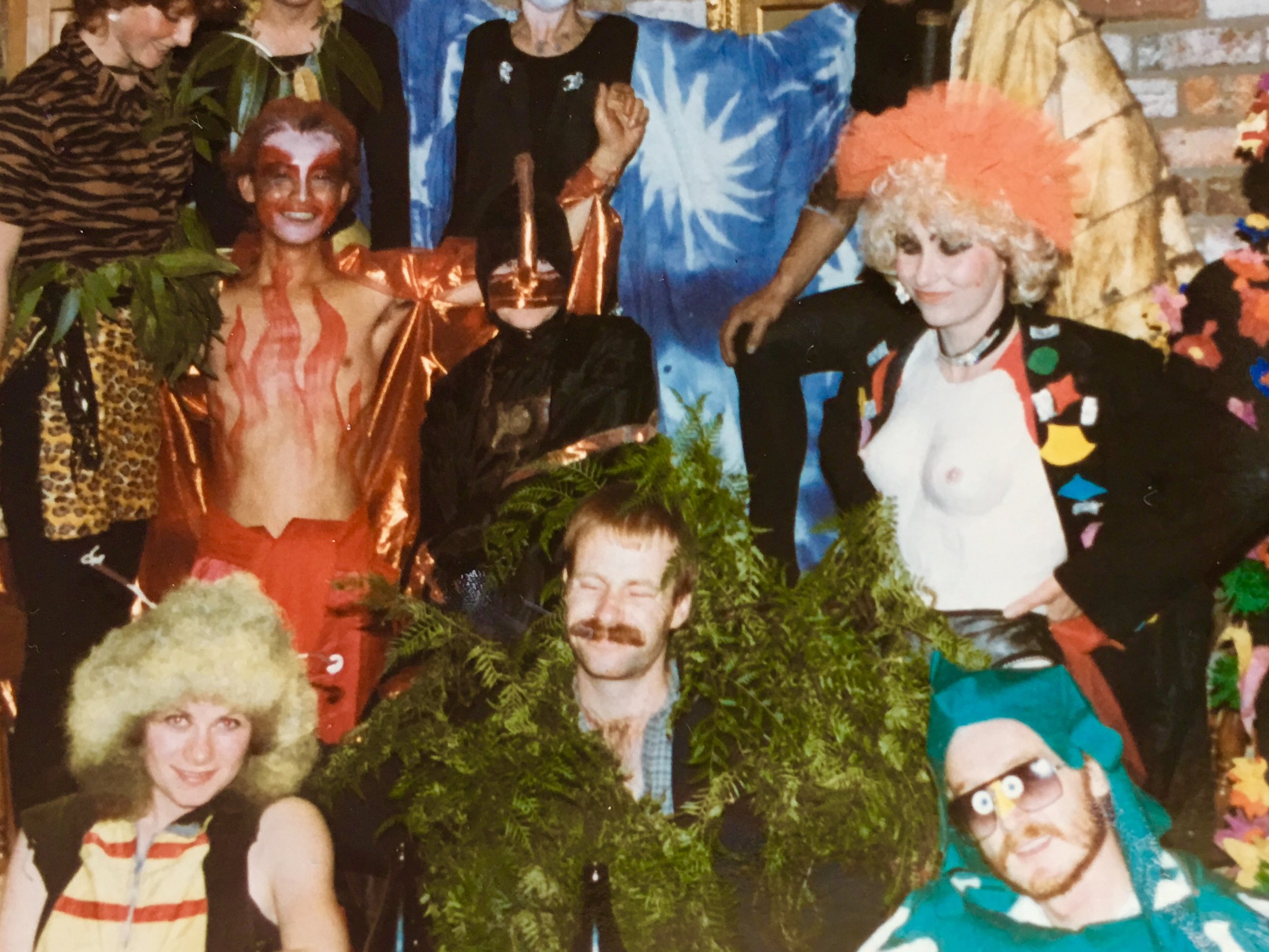 Tony as Fire and Dianne in a papier-mâché chest piece for a performance by the Horsham Contemporary Arts group in the early 80s.