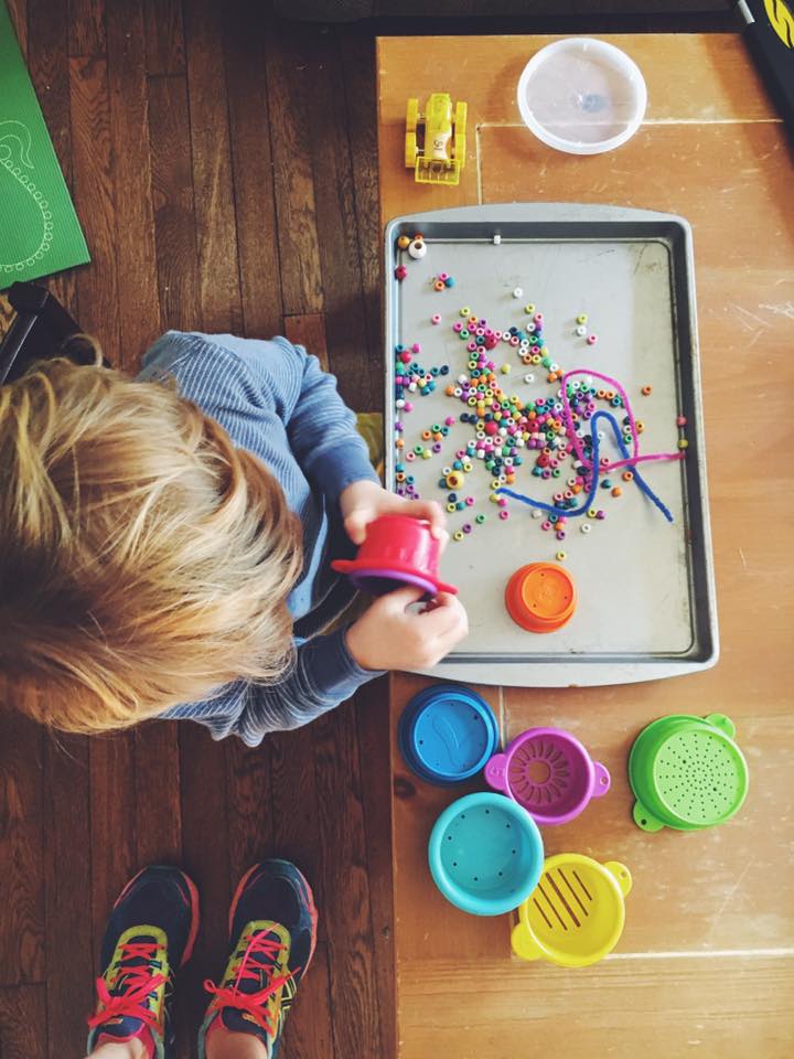Feburayr 20. Toddler tip: Use cheap cookie trays to contain things like beads, playdough, watercolors... What things do you use to minimize mess and madness?!