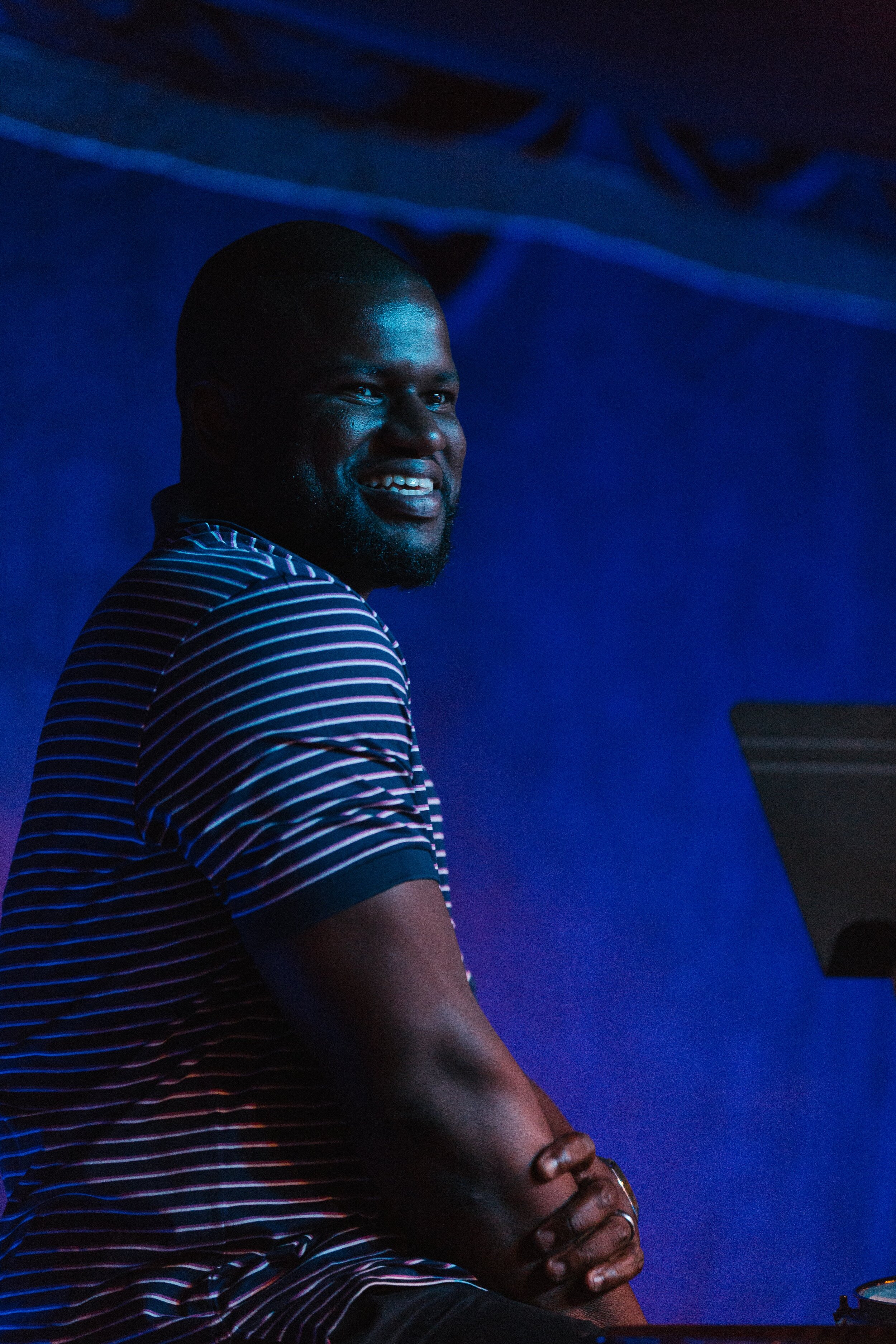 Drummer laughs in between songs at the Bard Spiegeltent.jpg