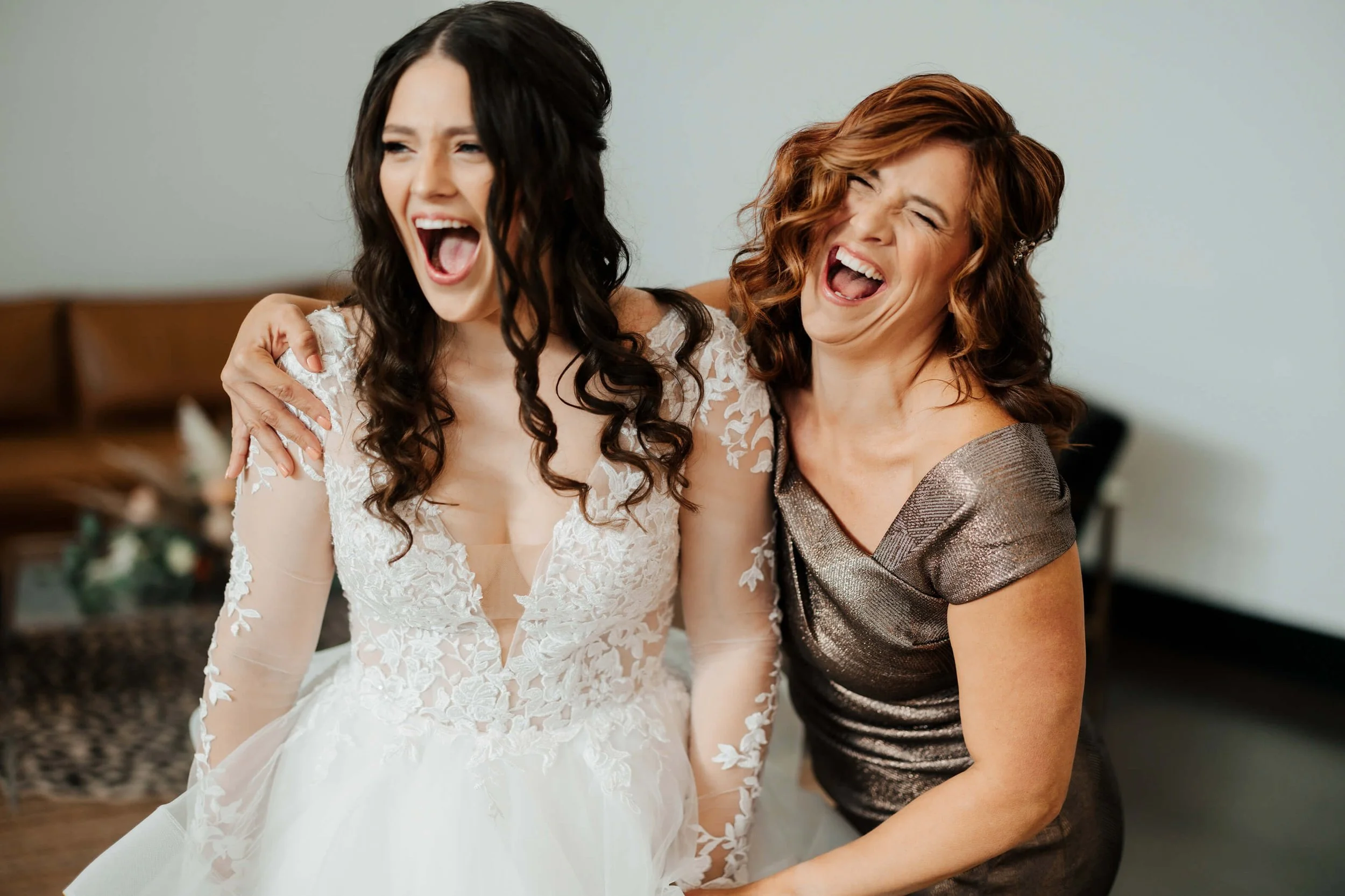 Leona Road wedding photographer Grand Rapids Michigan candid bride and mother laughing hysterically during getting ready, best documentary wedding photography West Michigan