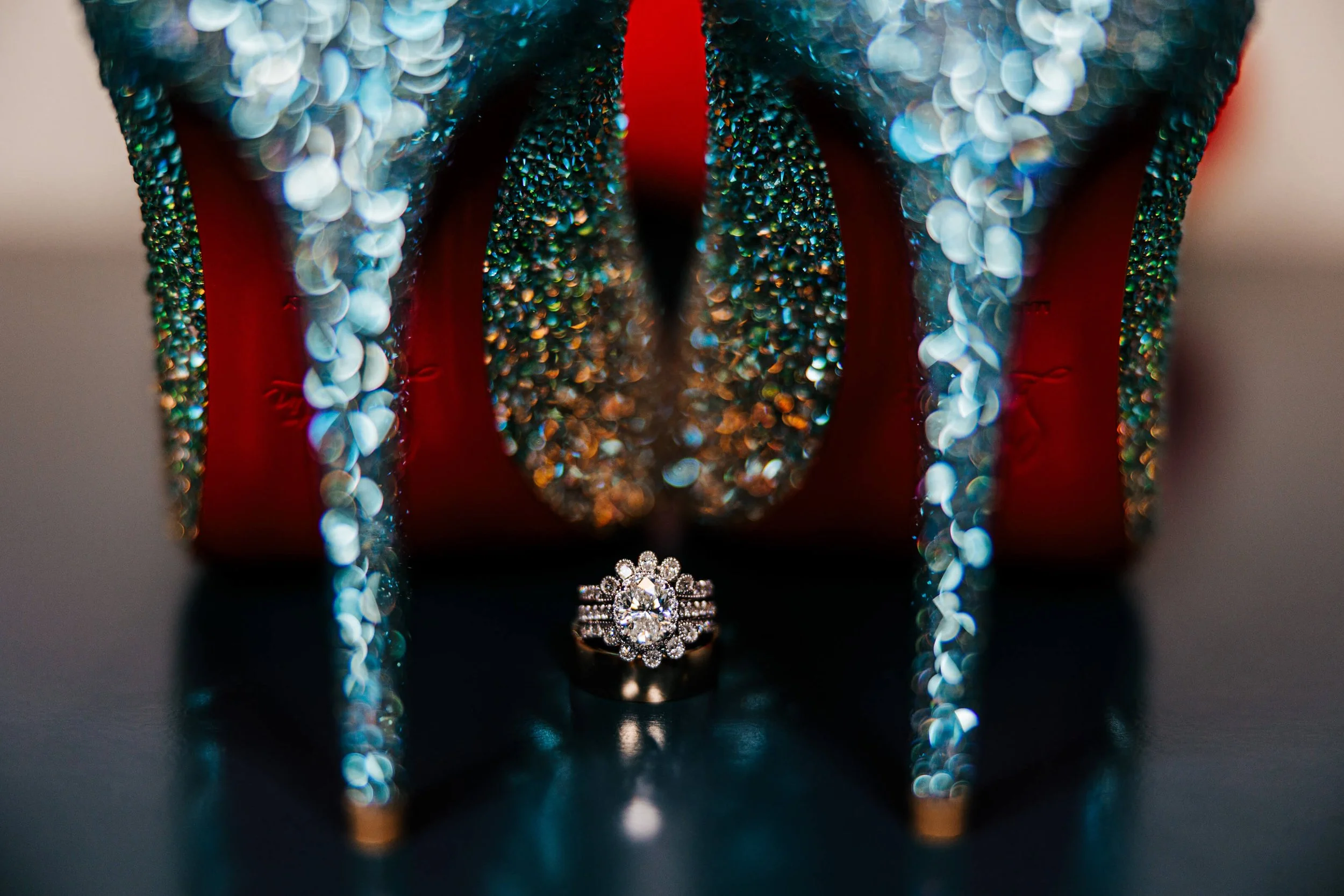 Bay Harbor Hotel wedding photographer Petoskey Michigan luxury bridal detail Louboutin heels with diamond engagement ring, top Northern Michigan wedding photography