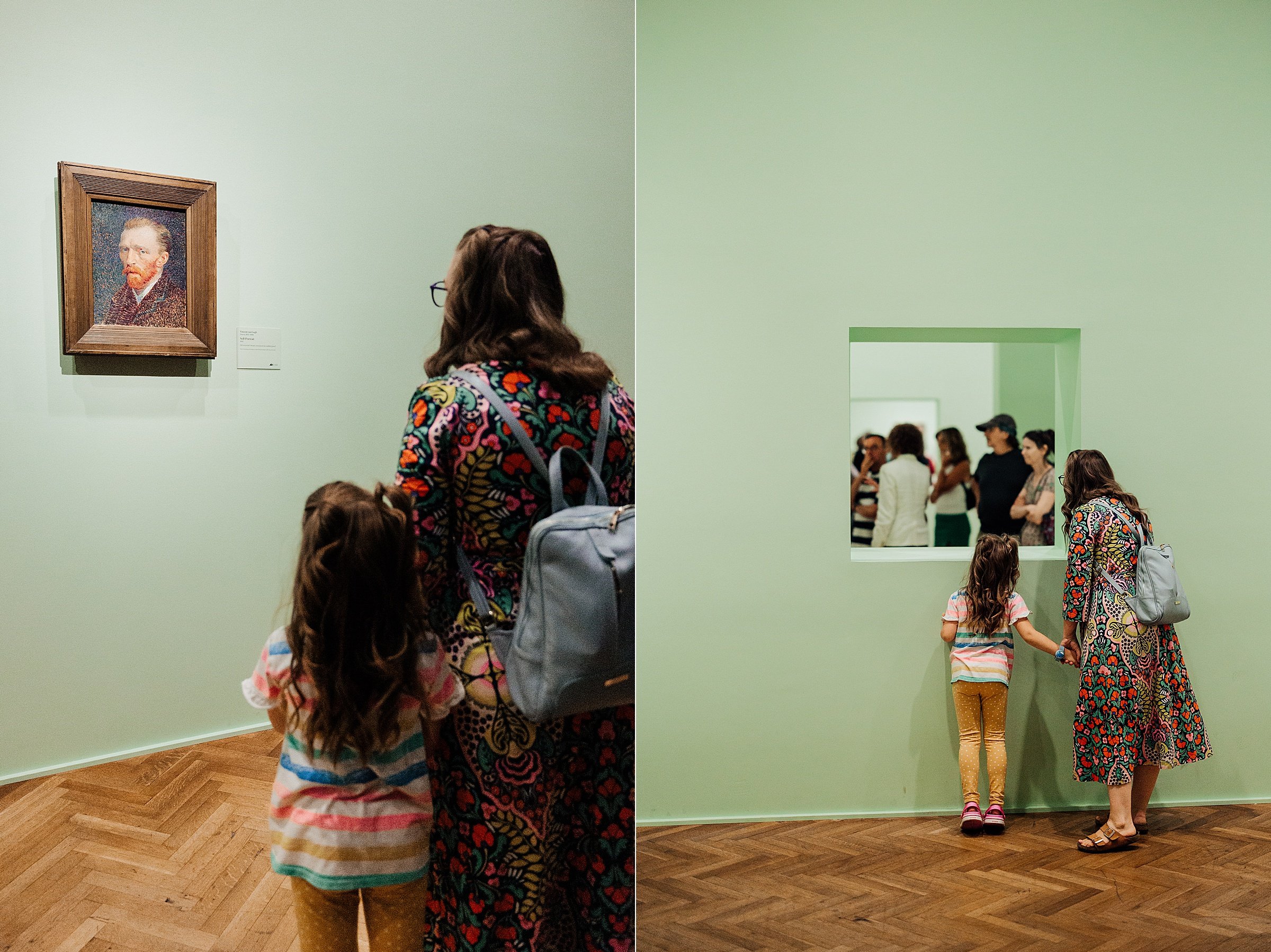  Now I was really interested as I really loved Van Gogh when I was younger but Grace was more interested in this square hole in the wall that looked into the other gallery room.   Then meltdown #1 happened. She didn’t like me holding her hand but it 