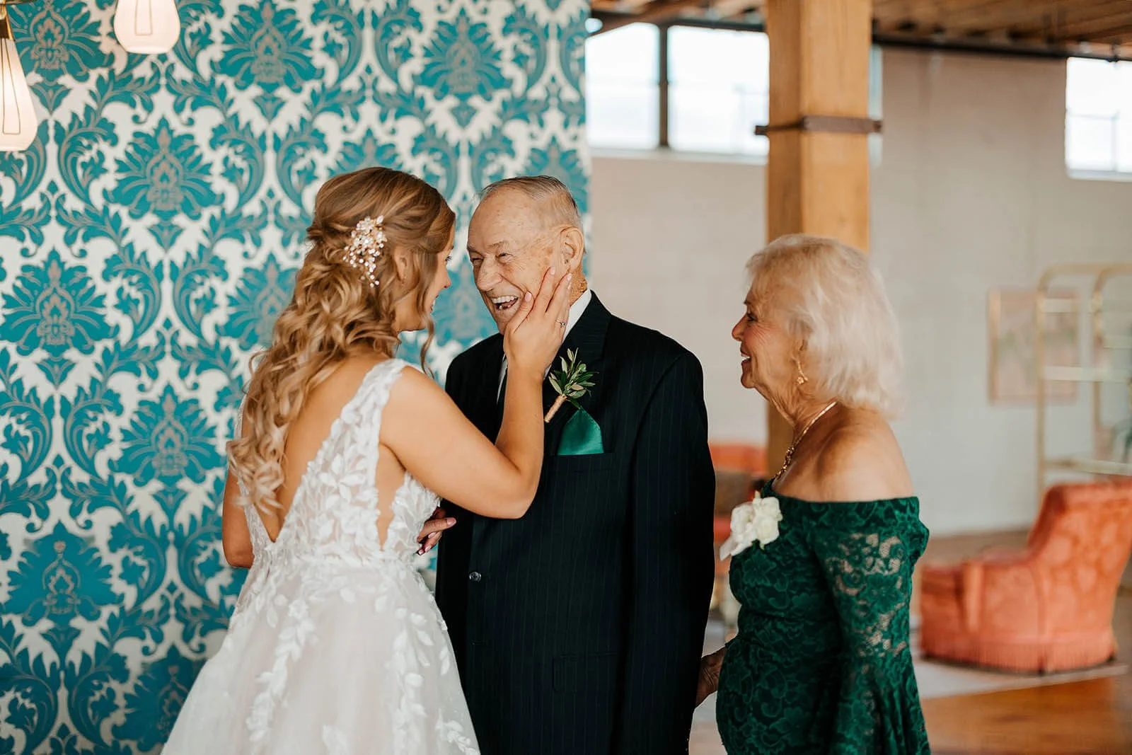 Best Grand Rapids Michigan wedding photographer candid bride laughing with grandparents getting ready, The Cheney Place