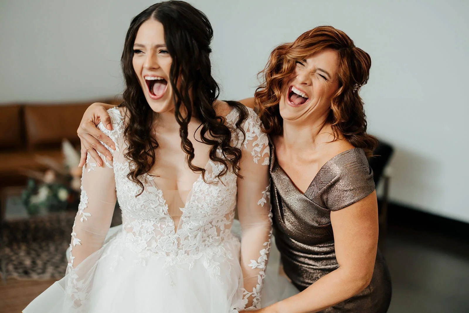 Leona Road wedding photographer Grand Rapids Michigan candid bride and mother laughing hysterically during getting ready, best documentary wedding photography West Michigan