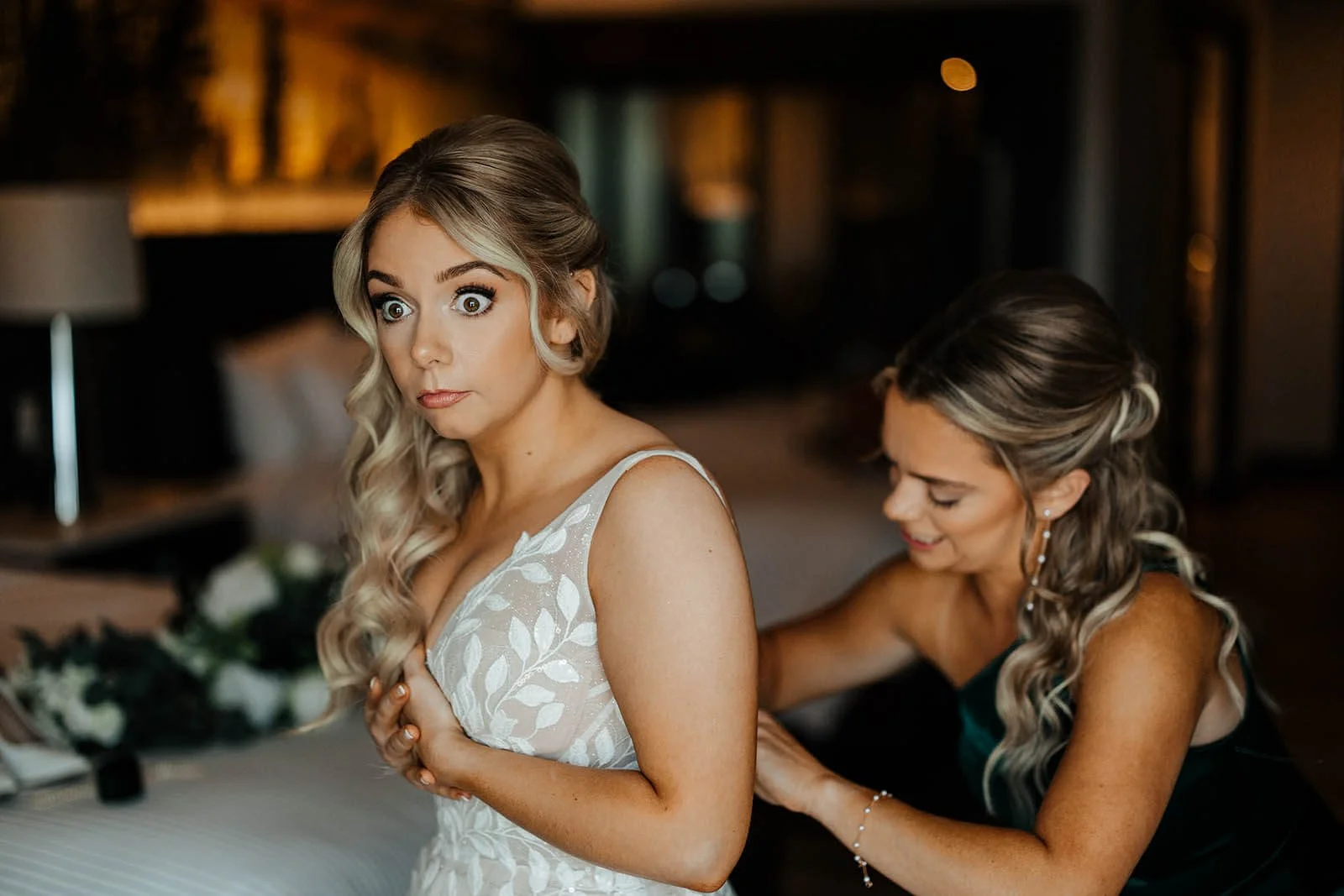 GAUPERphoto Detroit Michigan wedding photographer candid bride getting dressed funny reaction, Packard Proving Ground editorial wedding photography