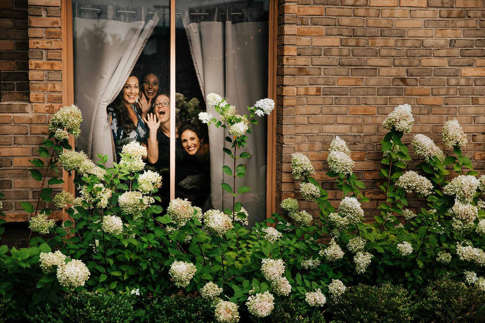 Kensington Hotel wedding photographer Ann Arbor Michigan candid bridesmaids peeking through window hydrangeas, best Michigan wedding photography