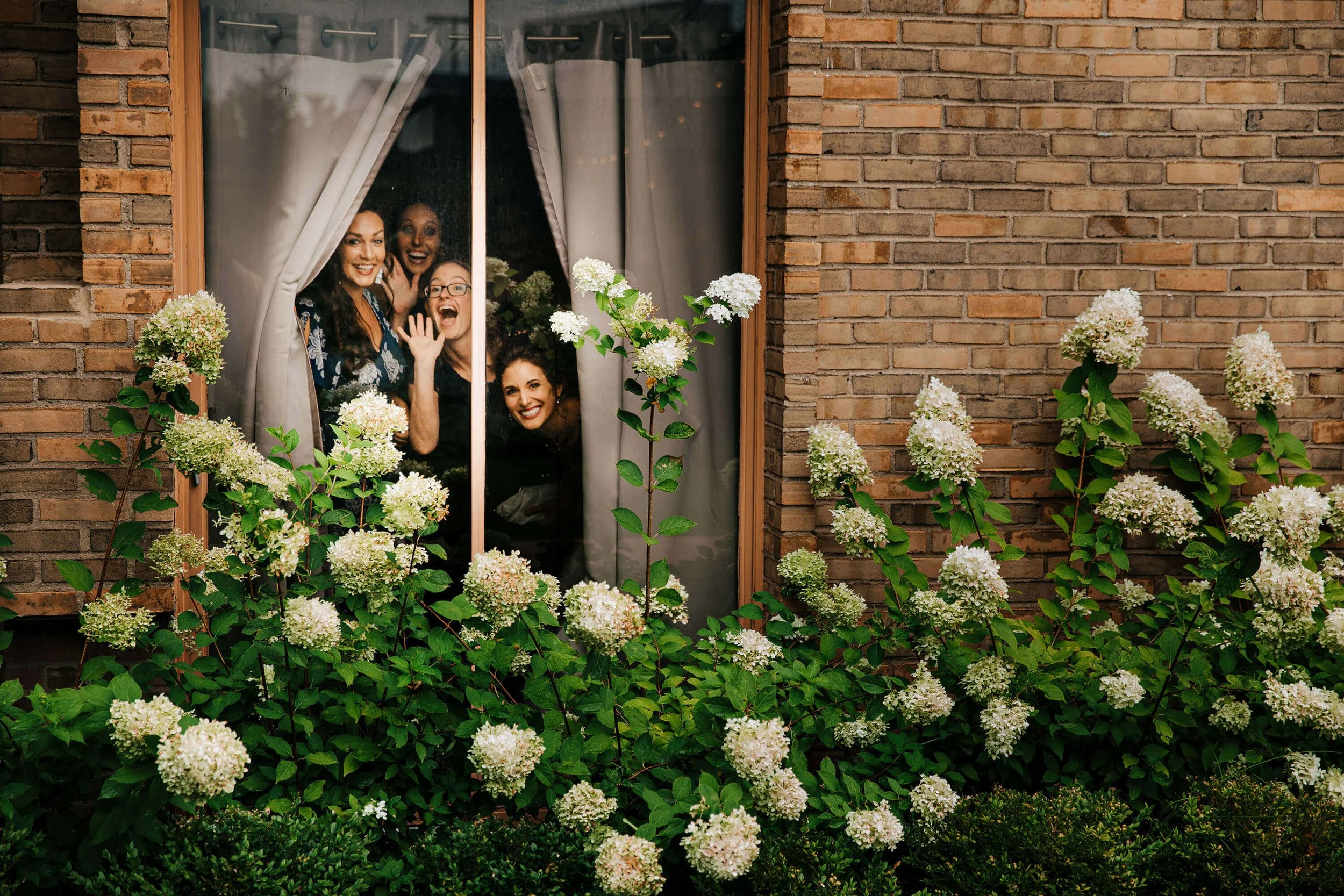 Kensington Hotel wedding photographer Ann Arbor Michigan candid bridesmaids peeking through window hydrangeas, best Michigan wedding photography
