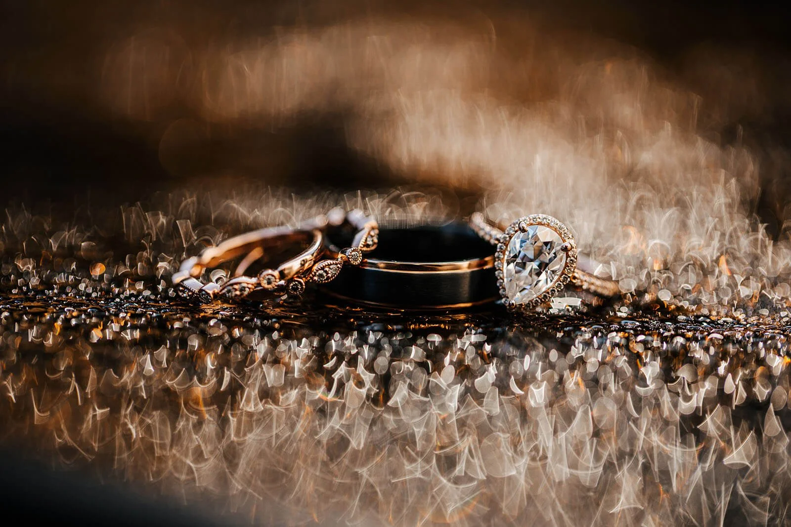 Radisson Plaza Hotel Kalamazoo wedding photographer Michigan luxury wedding ring detail macro shot with bokeh light background, best West Michigan editorial wedding photography