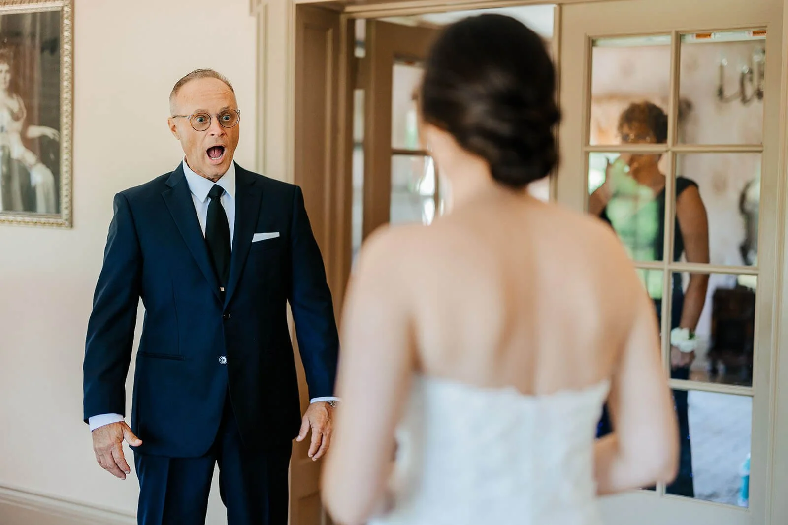 Felt Estate wedding photographer Saugatuck Michigan candid father of bridae shocked jaw drop emotional first look reaction indoors, top West Michigan luxury wedding photography