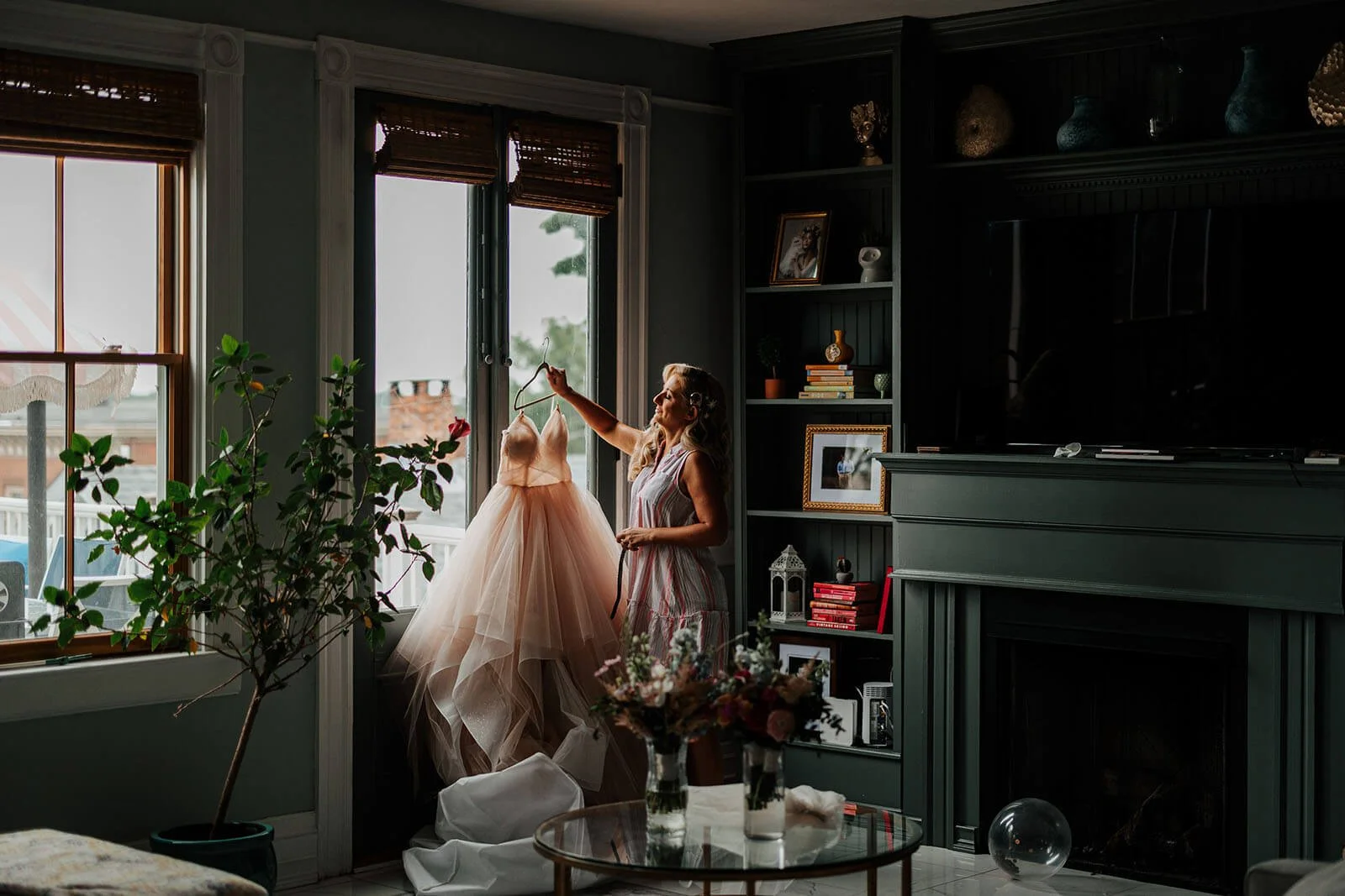 Varnums House wedding photographer East Greenwich Rhode Island bride and groom with two corgi dogs on lawn at golden hour, top destination wedding photography GAUPERphoto