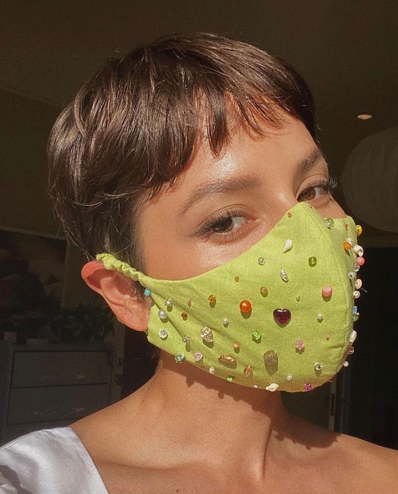 There&rsquo;s an angel among us 😇🐚🌷I freaked out when @alyssainthecity ordered a mask!! And it couldn&rsquo;t look better on her 💚 Beaded mask restock coming this week.. turn on post notifications so you don&rsquo;t miss it ✨