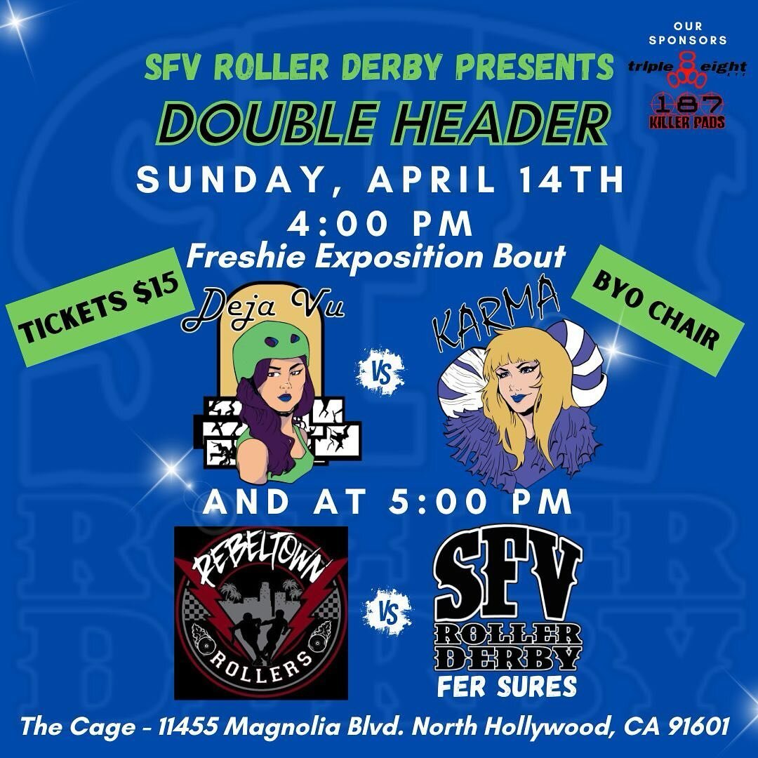 SFV presents a special double header evening !! Not just 1 but 2 chances to watch some derby action !! 
💙 Warming up the track will be our FRESHIES!! Ready to show off their hard work in the Freshie Expo! (We are very excited!)
💚 Then, we have our 