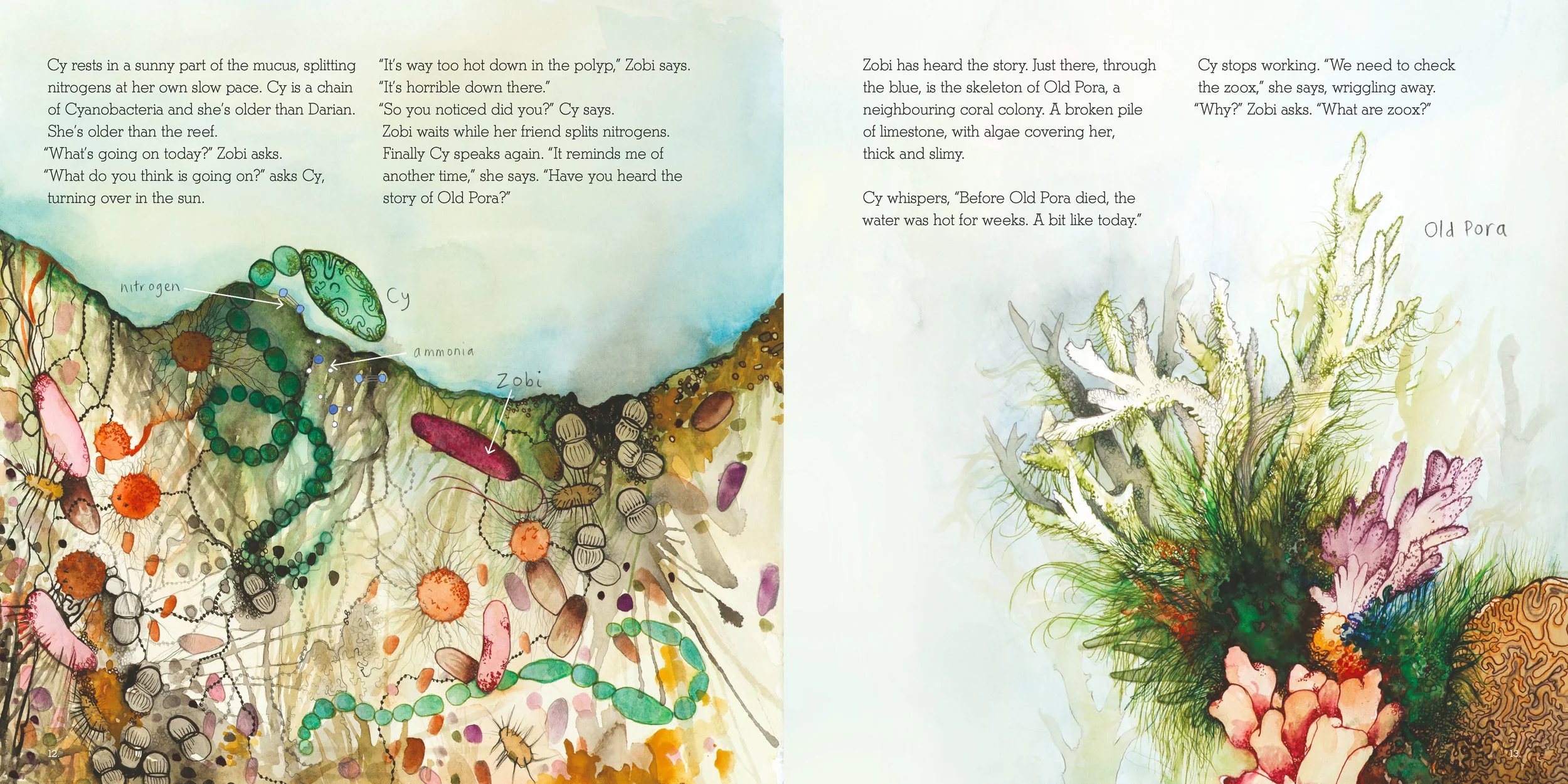 Selected pages from Zobi and the Zoox . Written by Ailsa Wild, illustrated by Aviva Reed, created by Briony Barr & Dr. Gregory Crocetti. Published by Scale Free Network in 2015.