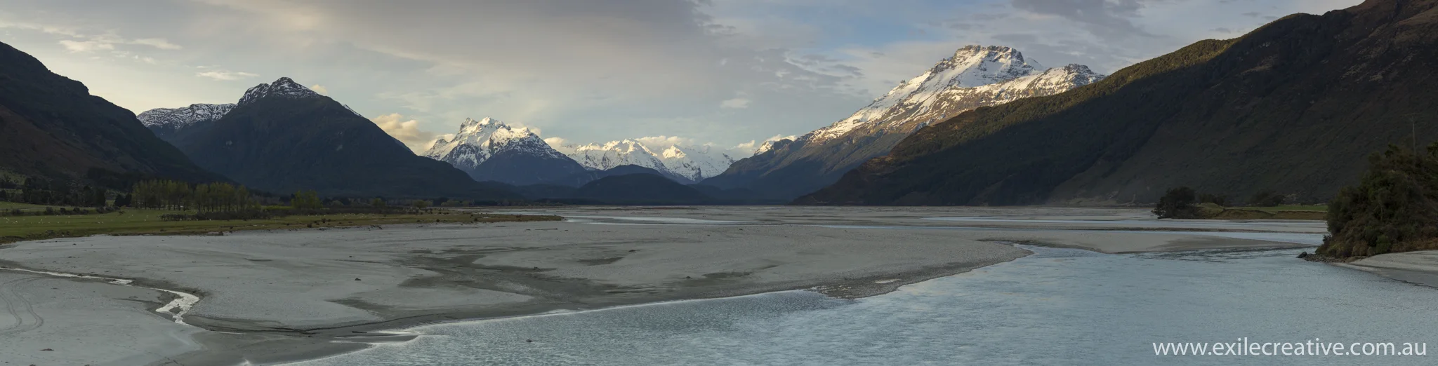 Shooting North off the bridge on the Glenorchy-Routeburn rd. Stitched Panorama in portrait Canon 5Dmiii, 100-400L IS ii @ 100mm, ISO500, f/5.6, 1/400s, B+W CPL