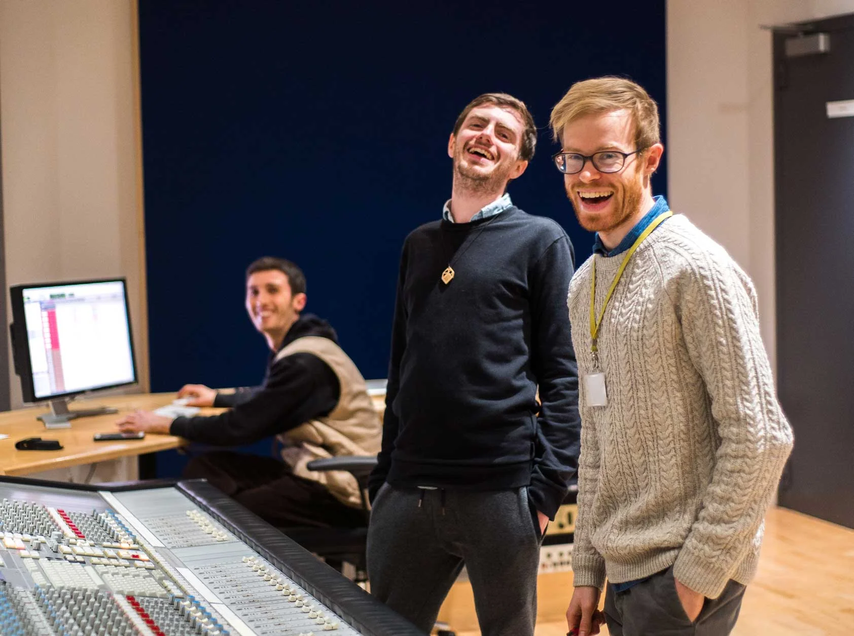 In the studio recording the original Cumulus soundtrack, from left to right: Nicolò Panzarasa (Recording Engineer), Ioan Holland (Director & Writer), Aaron Buckley (Soundtrack Composer)