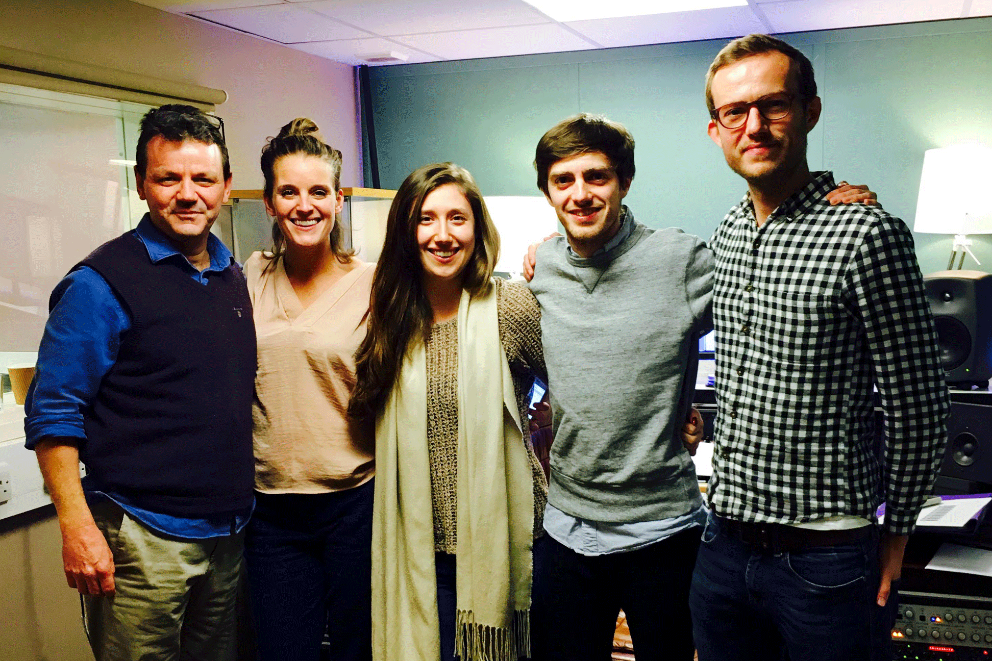A successful day of voiceover recordings at Crown Lane Studios in London, from left to right: Wayne Forester (voice of Mister Booby), Rhian Marston-Jones (voice of Penwyn), Gloria Daniels-Moss (Producer), Ioan Holland (Director & Writer), Philippe Nielsen (voice of Bryder)