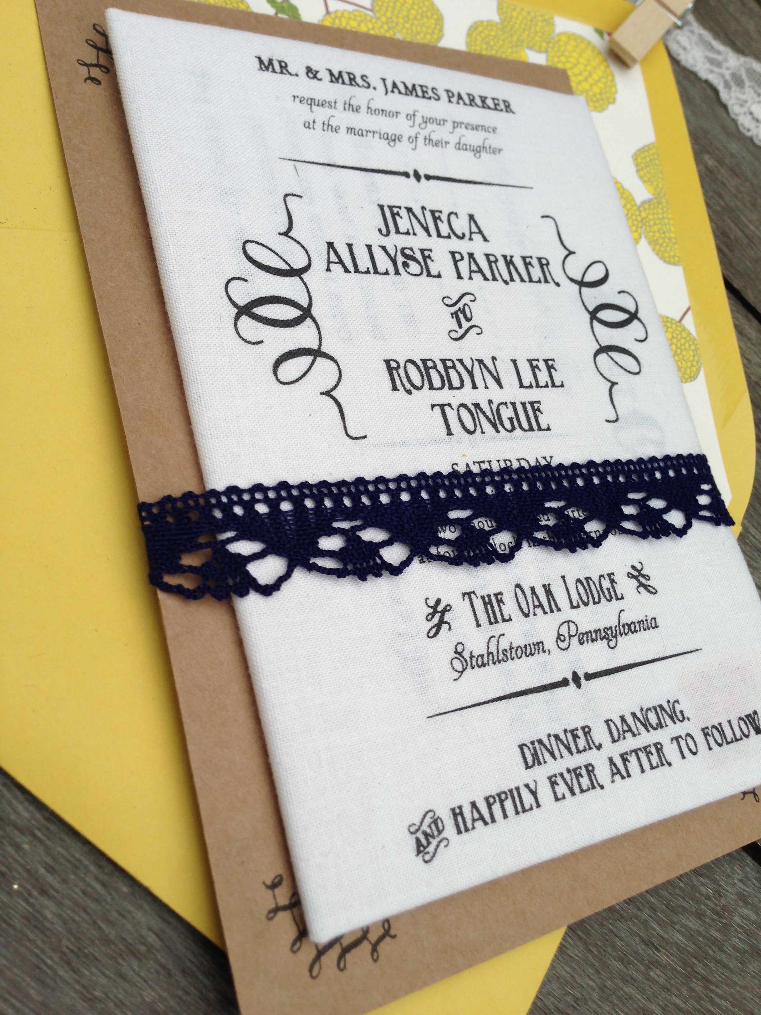  The fabric invitation was folded and wrapped around the other cards for wedding while a fun map provided the spine for the entire card pack.&nbsp;     We bound everything with a Chantilly lace wrap in navy blue.&nbsp; 