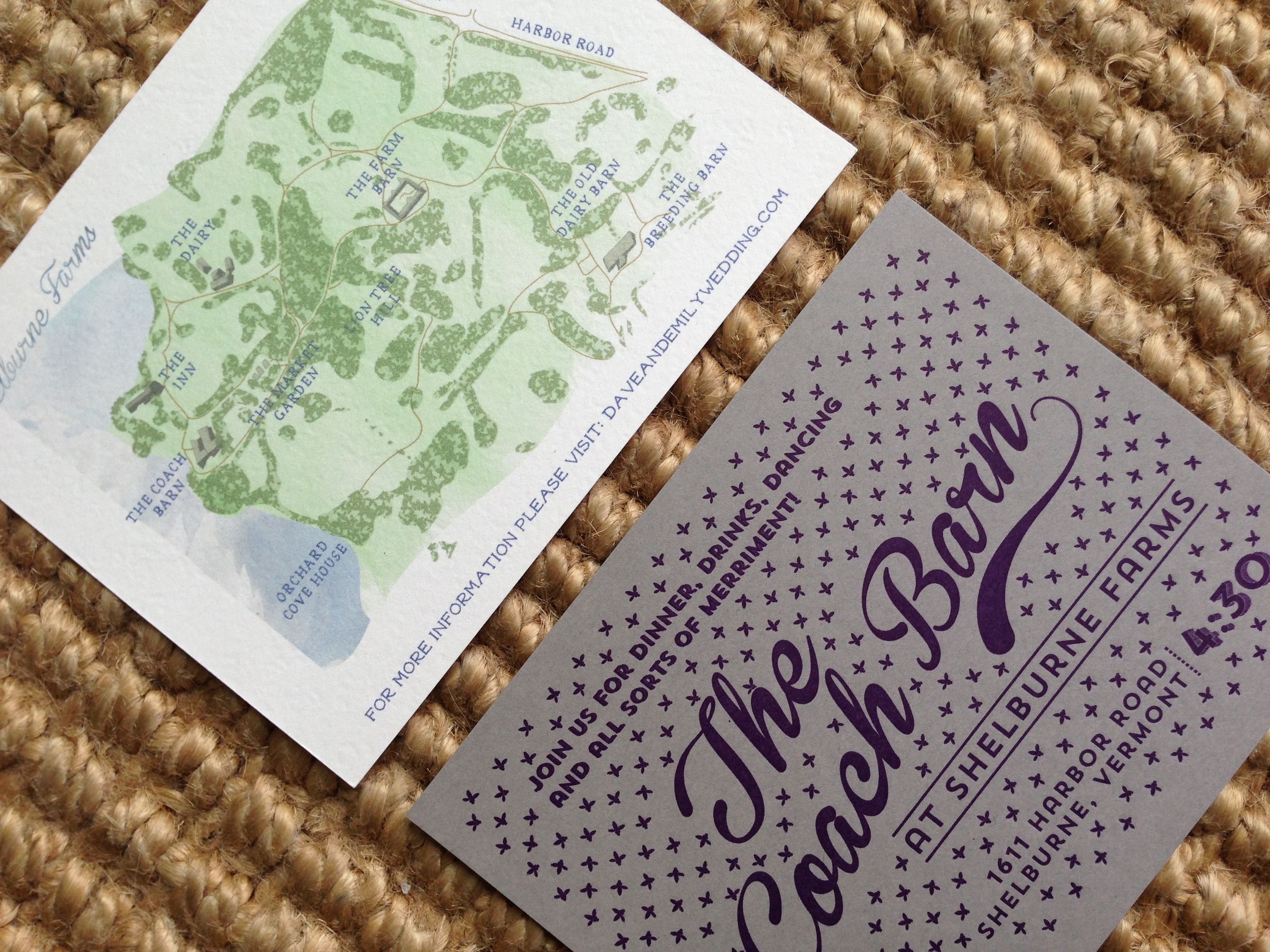  In order to handle the always tricky placement of the website URL we created a hand drawn map of the Shelburne Farms property.&nbsp;  The reception card in gray and purple conveyed the old world elegance of the Coach Barn archecture.&nbsp; 