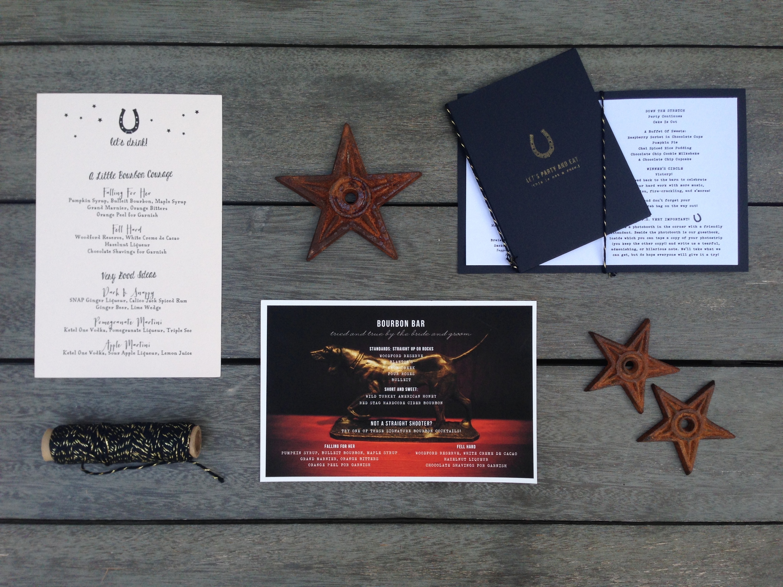 Three menus were created including the dinner menu which was layered in a booklet style with black cover and bound with black and gold twine. 