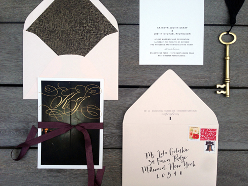 The main card was foiled with the couple's first initials. The front of all the cards feature the text and keyhole graphic – A “peek inside” at the information!