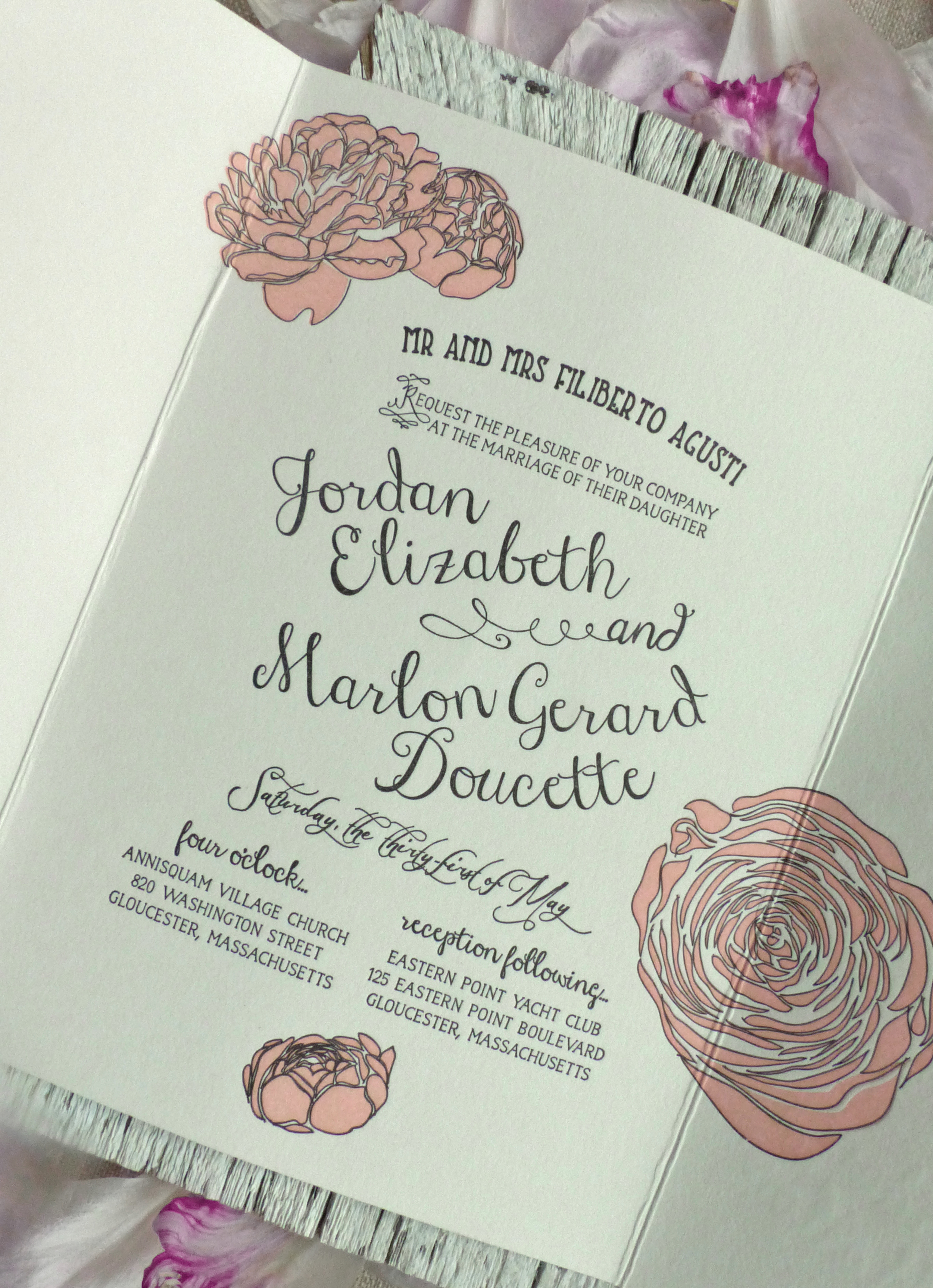  The two color letterpress was gate folded to reveal the information inside&nbsp;letting the peonies do their job on the outside.&nbsp; 