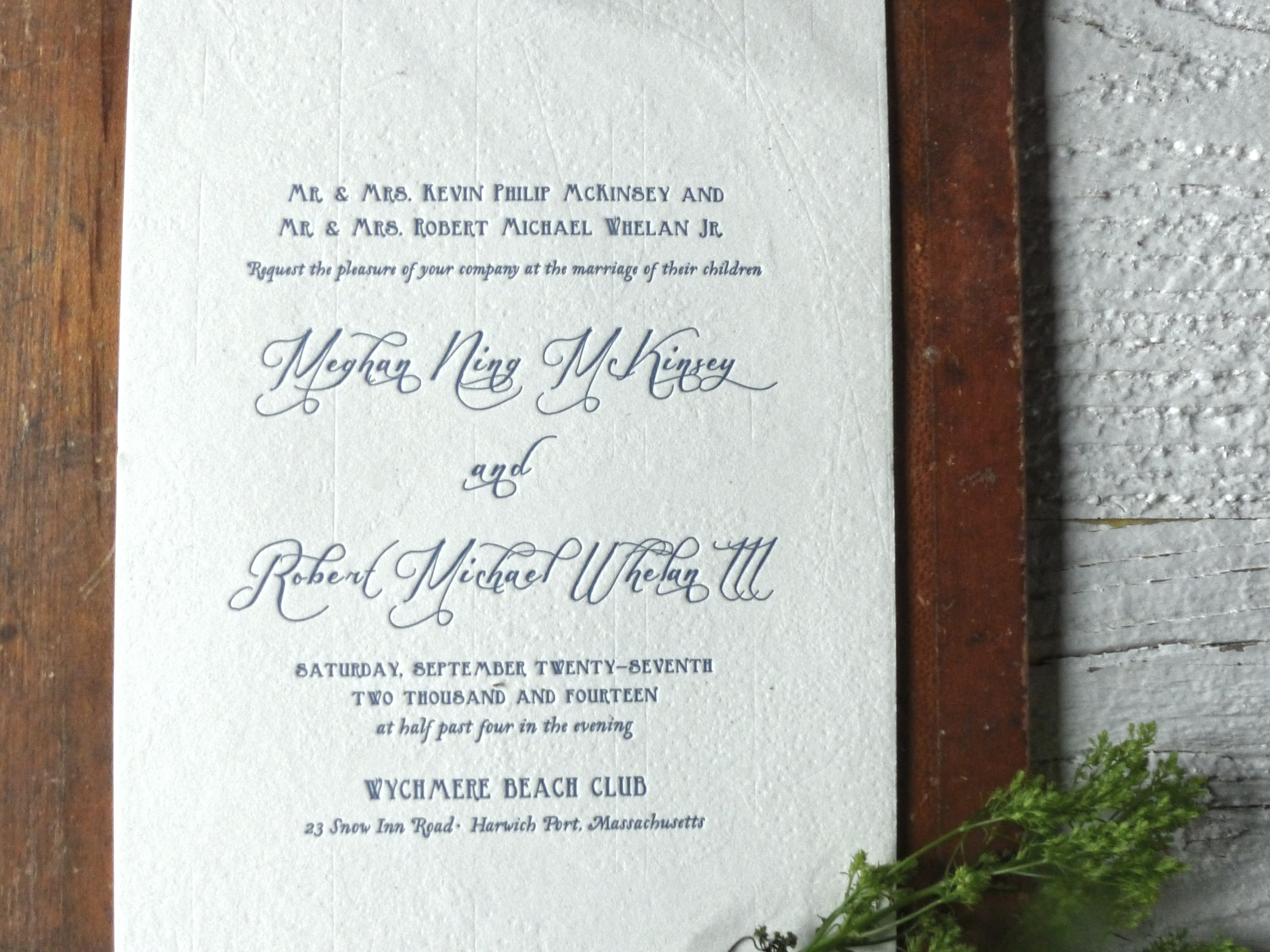  The classic beachy letterpress invitation was first blind impressed with a nautical map of Cape Cod Bay 