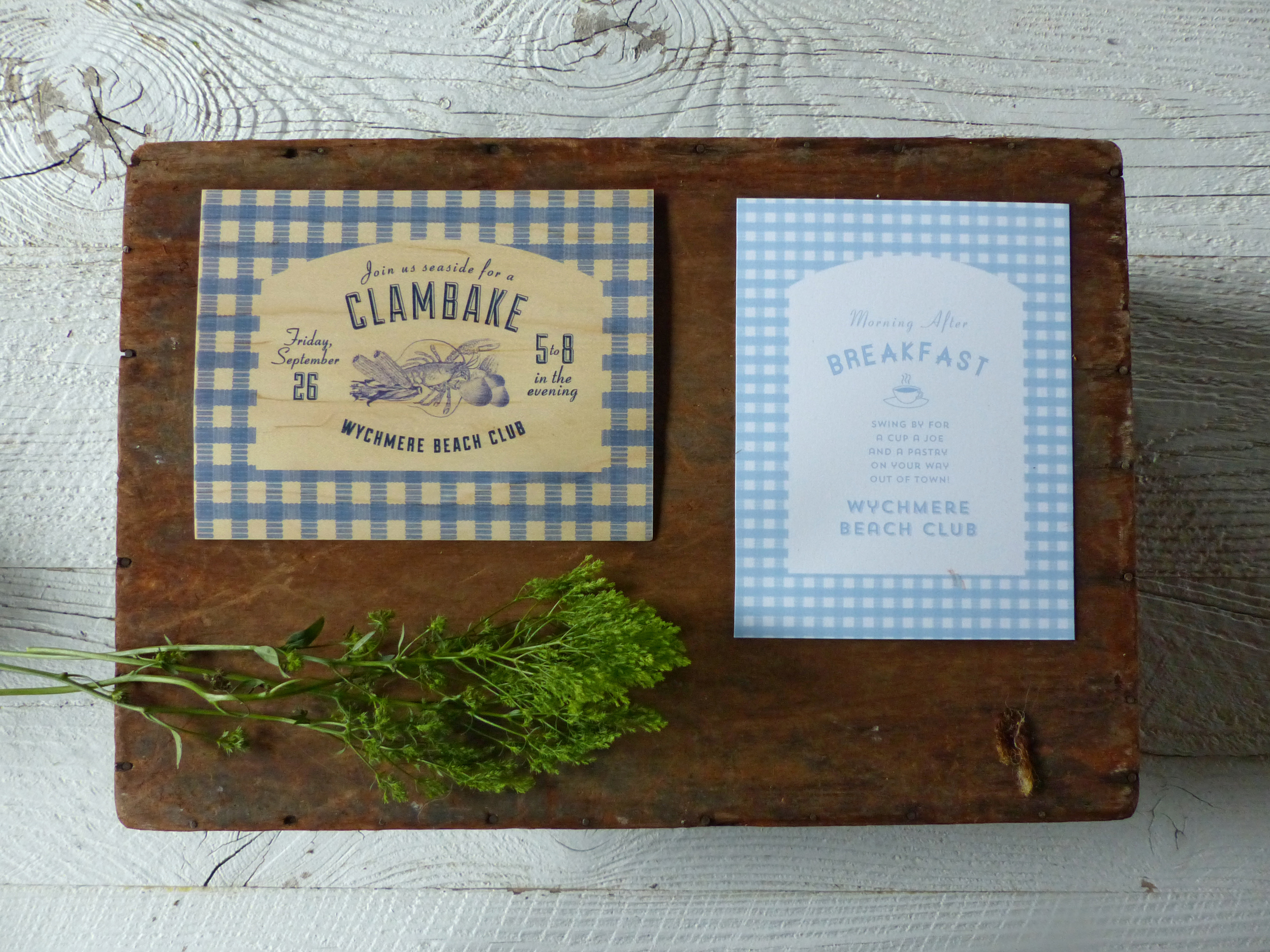  Cute blue&nbsp;gingham is used on the cards for the other weekend events, a Friday Night Clambake on the beach and a diner style breakfast on Sunday.&nbsp; 