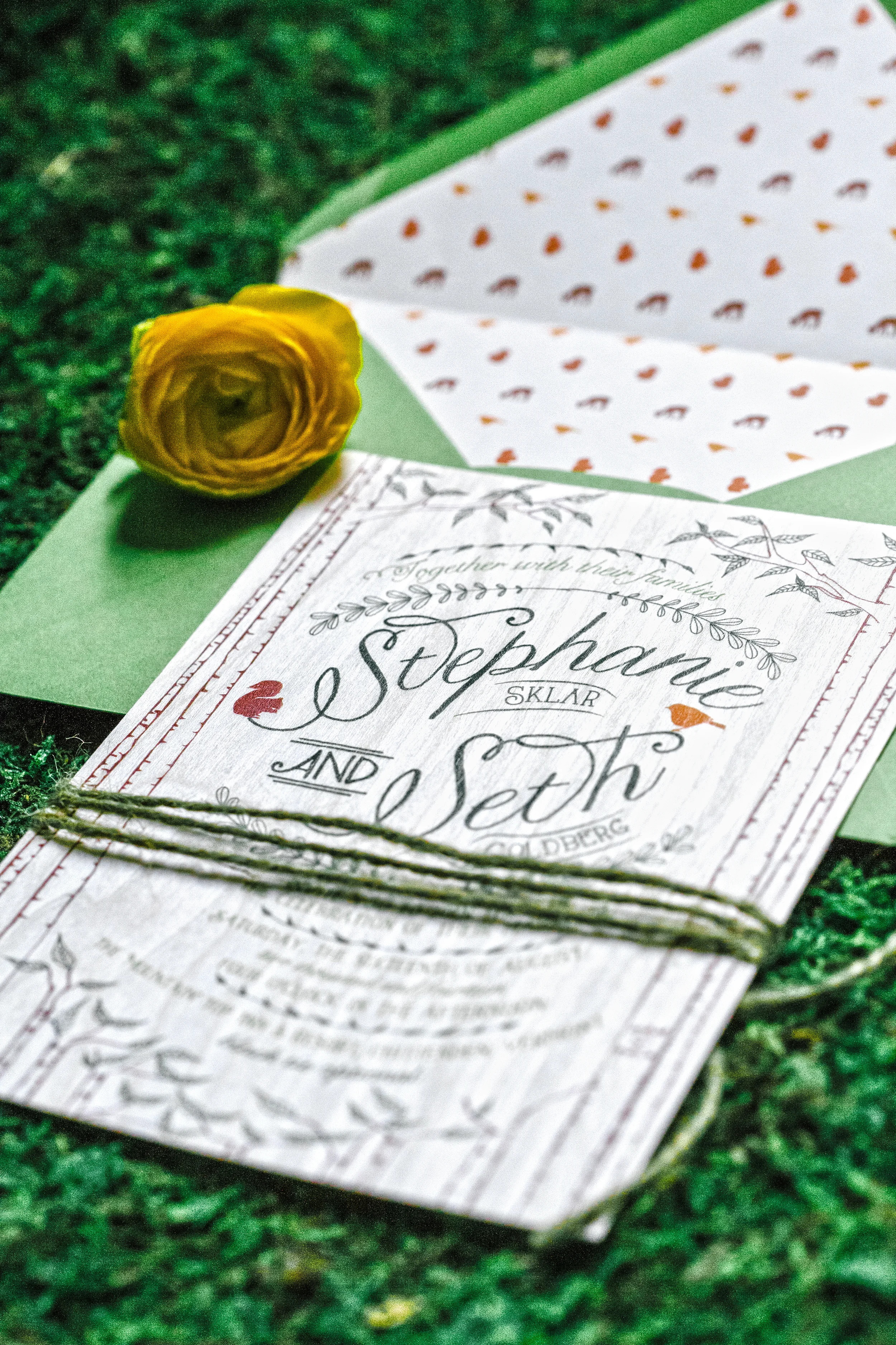 The invitation was printed on Aspen wood veneer with a perky green envelope and critter pattern envelope liner. 