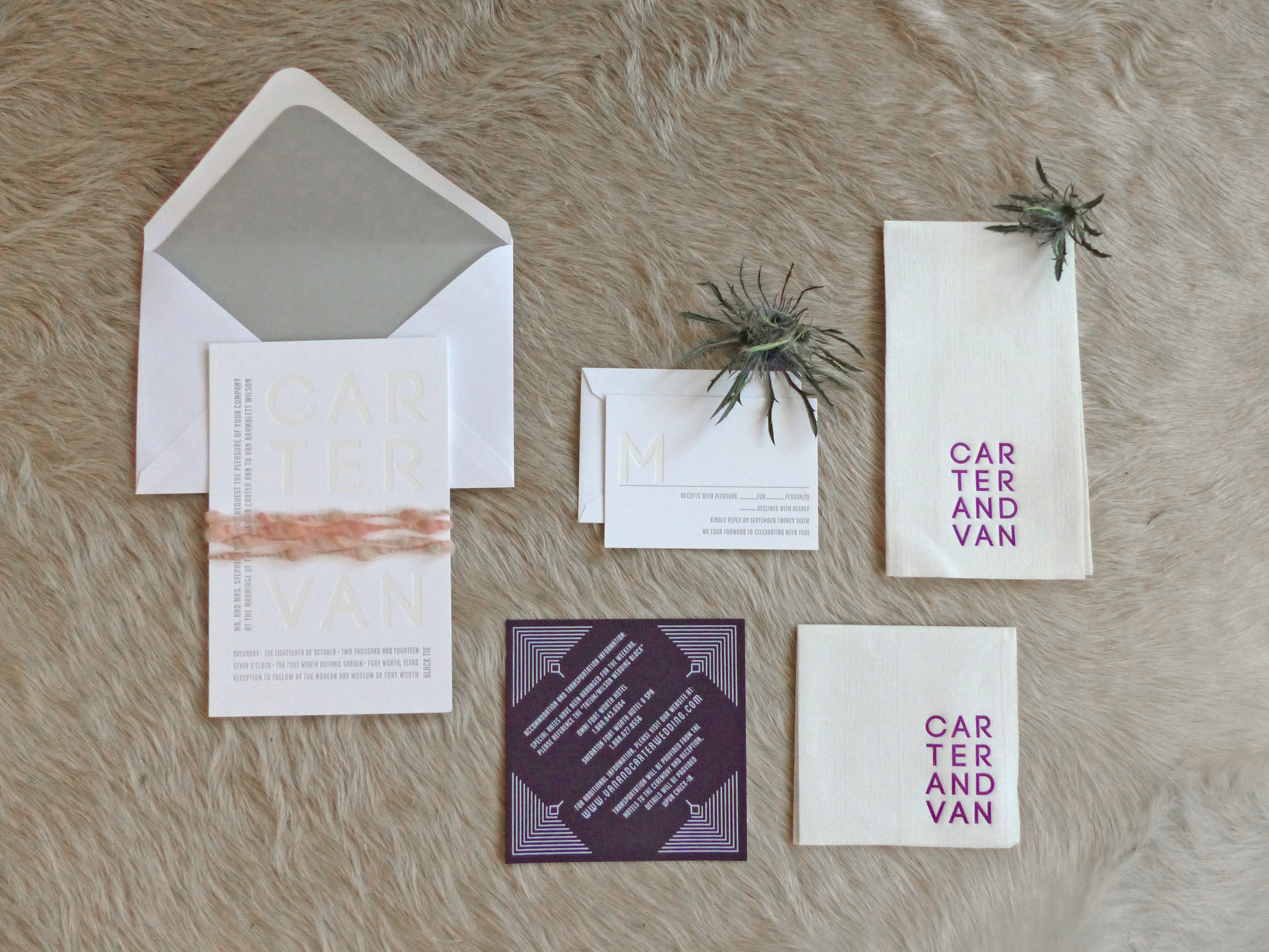  Another pop of color is delivered with deep purple travel card screen printed in gray. Cocktail and dinner napkins were printed with the couples names.&nbsp; 