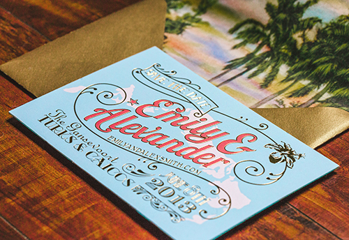  The postcard save the date was printed with a map of Turks and Caicos and stamped with gold foil.&nbsp; 