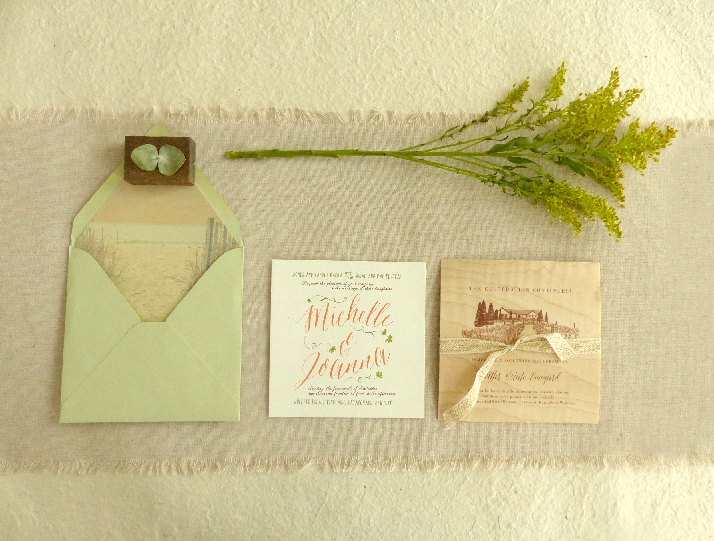  The playful front card was screen printed in a bright and cheery late summer palette and was&nbsp;layered over the wood veneer printed reception card.&nbsp; 