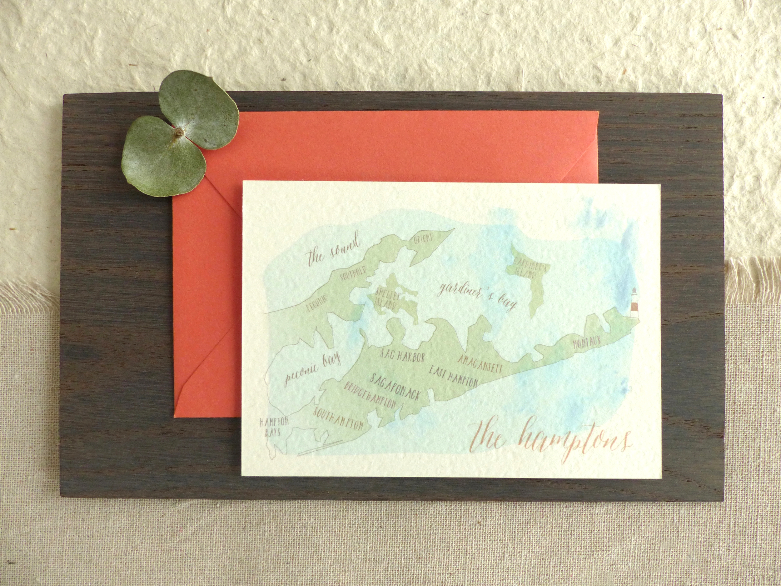  A hand painted watercolor map of the Hamtpons was created for the back of the reply card. 