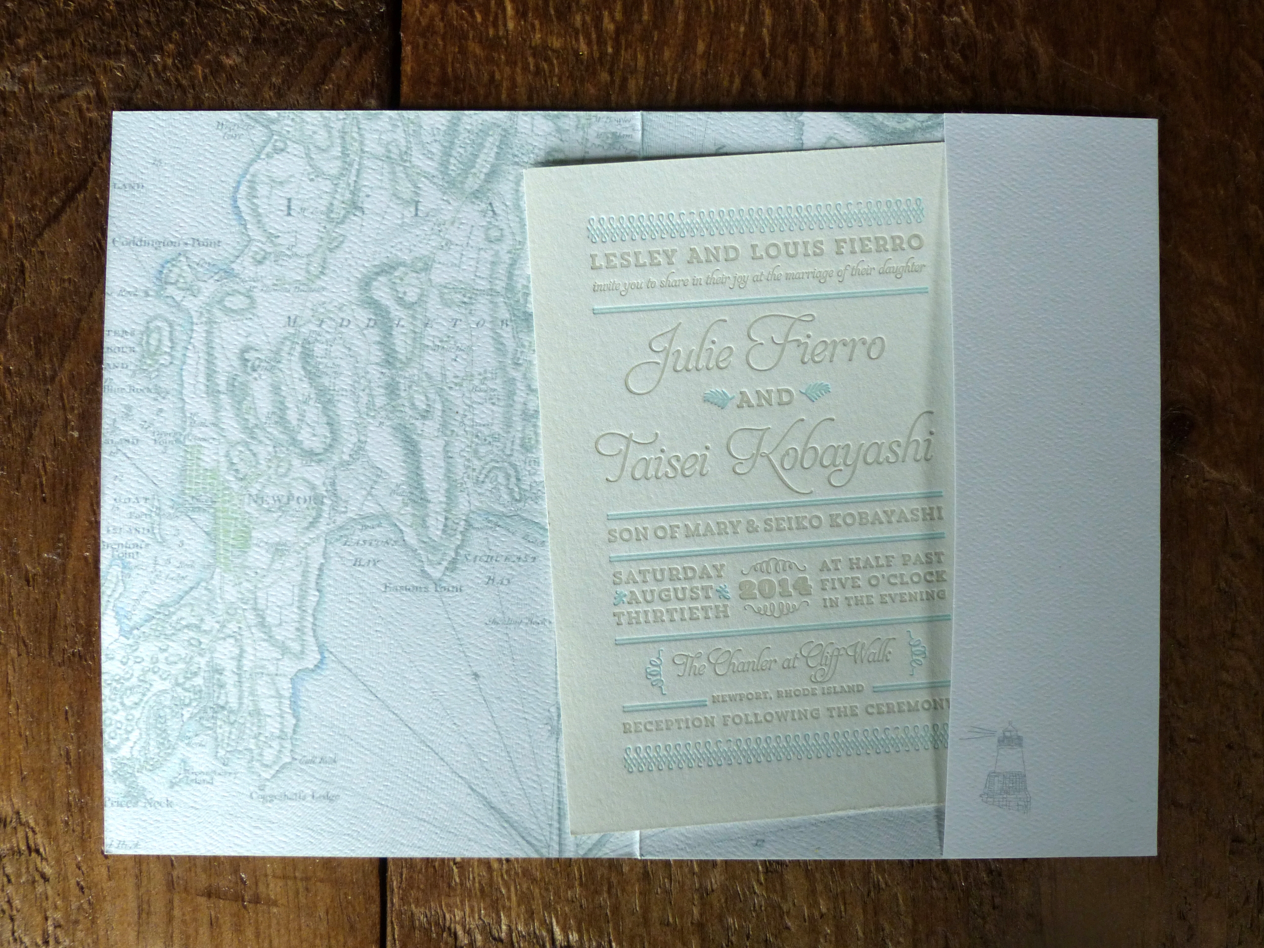  The inside of the folder was printed with a full bleed nautical map of Rhode Island. The two color letterpress invitation has a vintage classic look in order to coordinate with the history of the venue.&nbsp; 